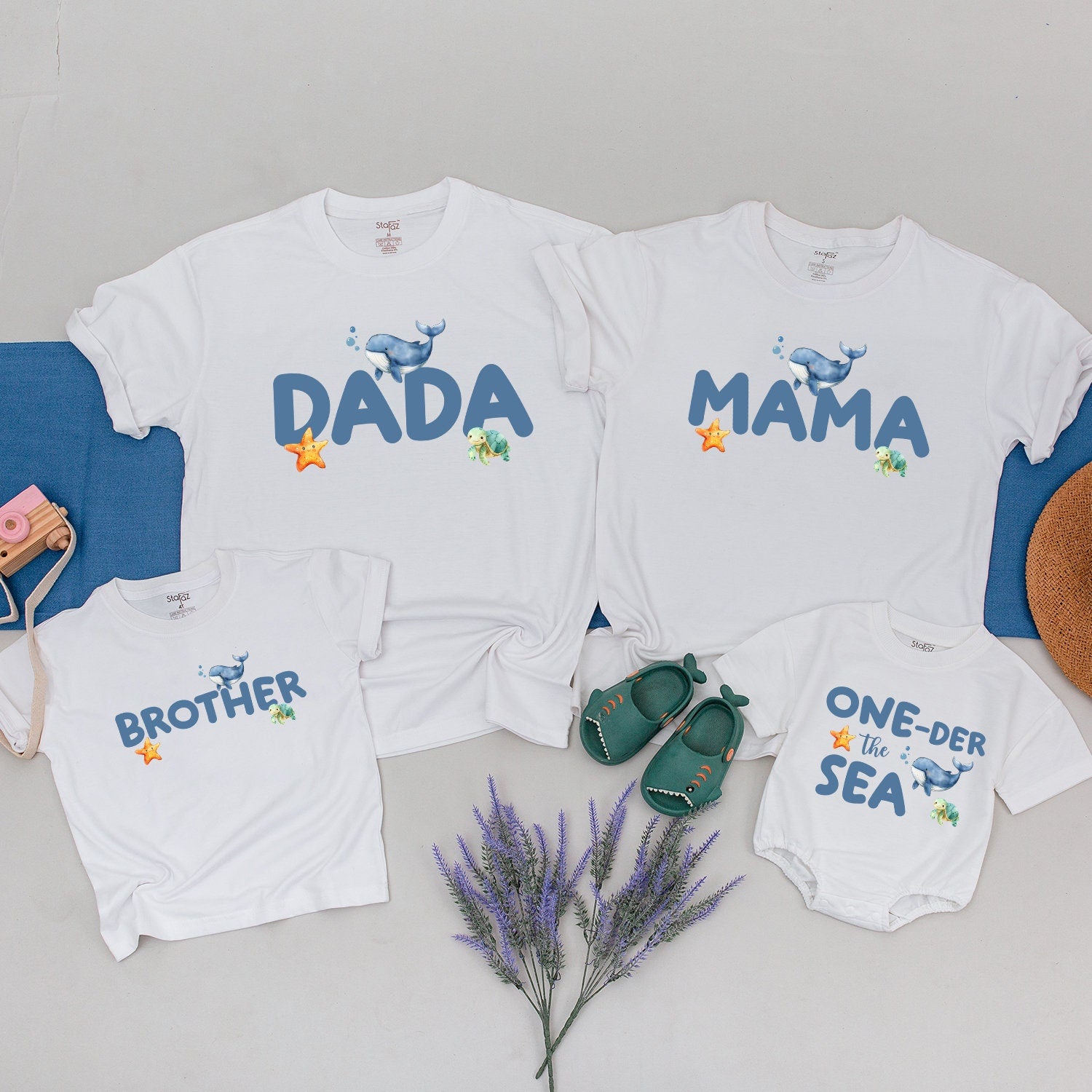 Personalized Baby Boy Birthday Shirt with Whales and Starfish Matching Family First Celebration Ocean Theme Custom Names