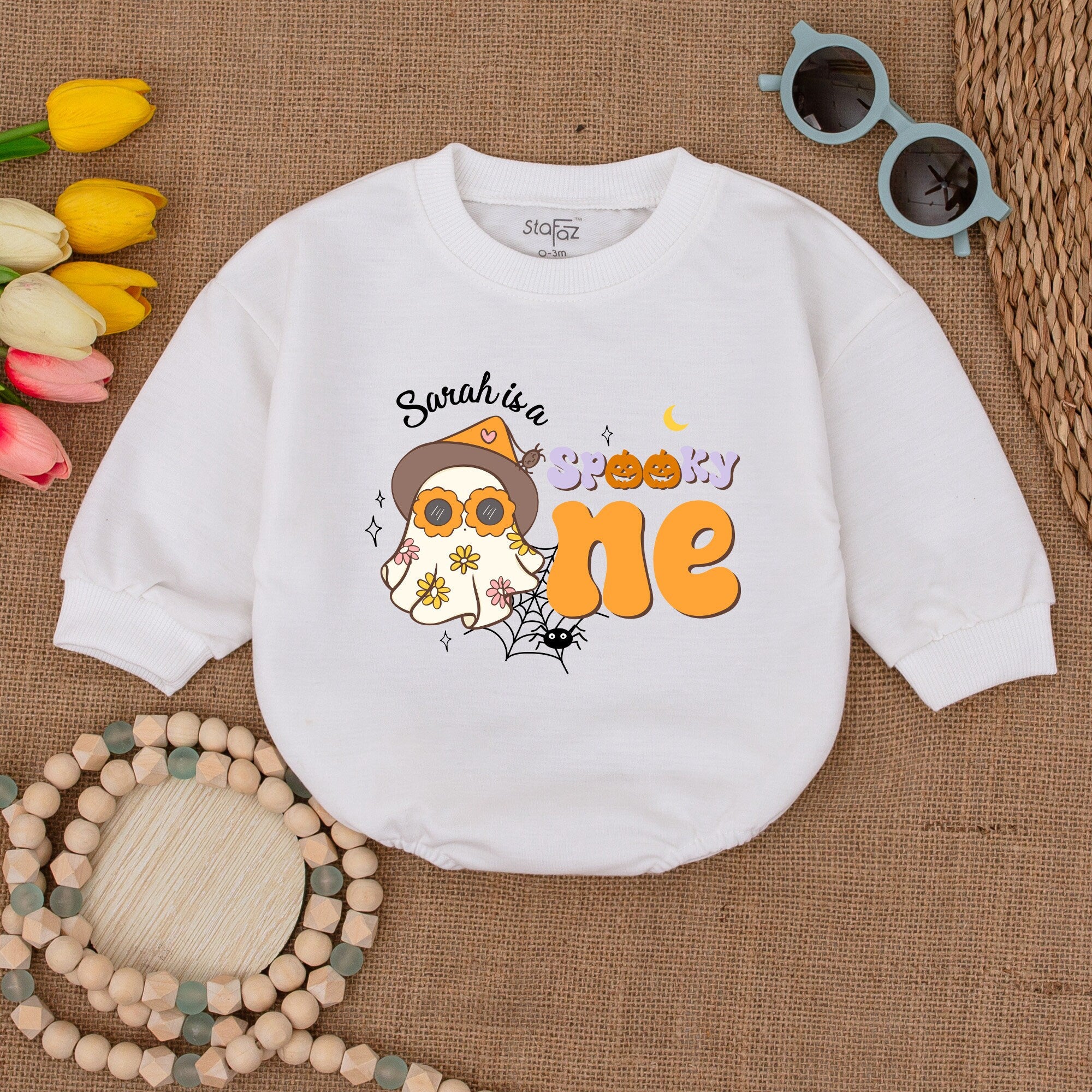 Custom Groovy Ghost Romper for Girls Halloween Birthday Outfit Cozy Fall Baby Bodysuit with Retro Font and Cute Spider Web Design