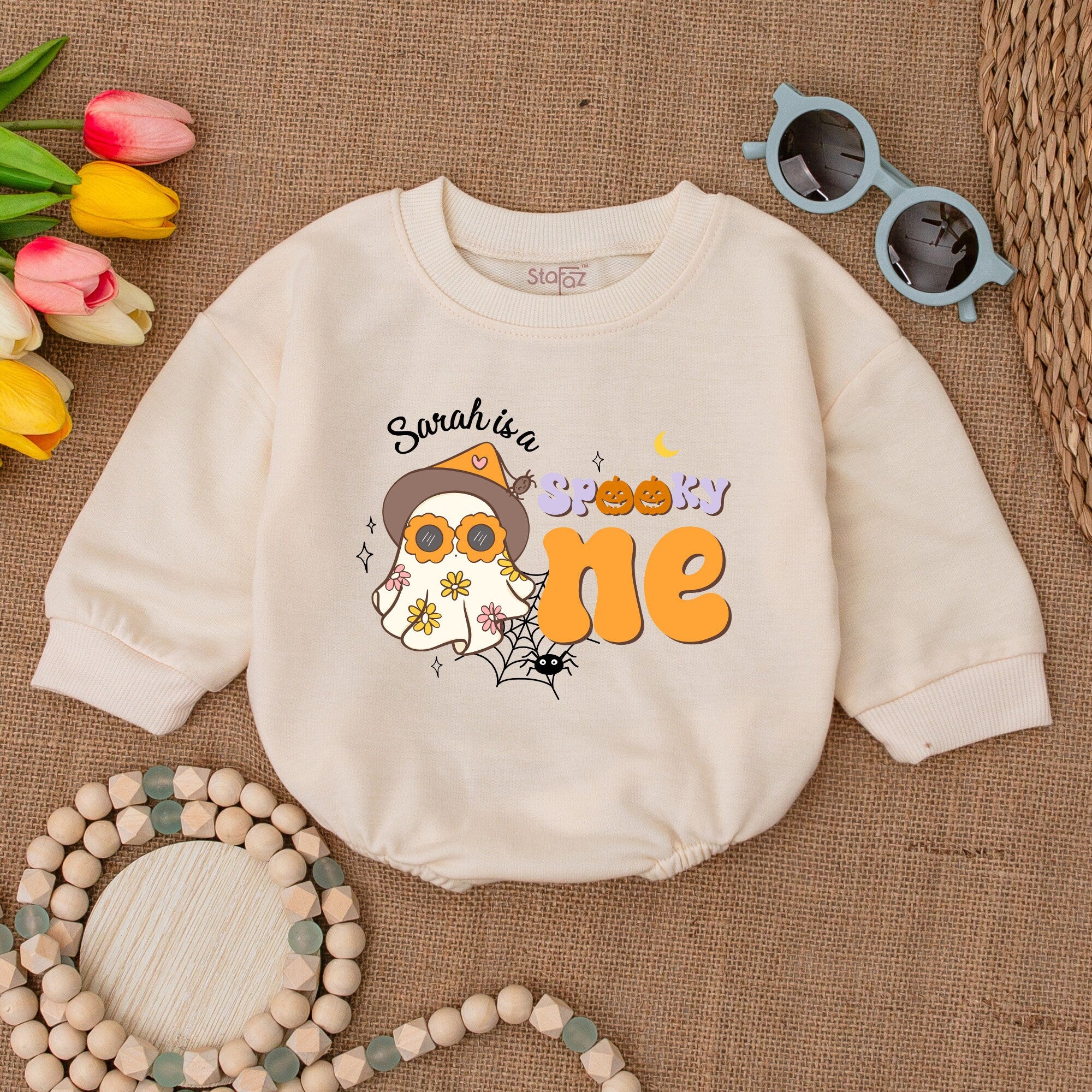 Custom Groovy Ghost Romper for Girls Halloween Birthday Outfit Cozy Fall Baby Bodysuit with Retro Font and Cute Spider Web Design