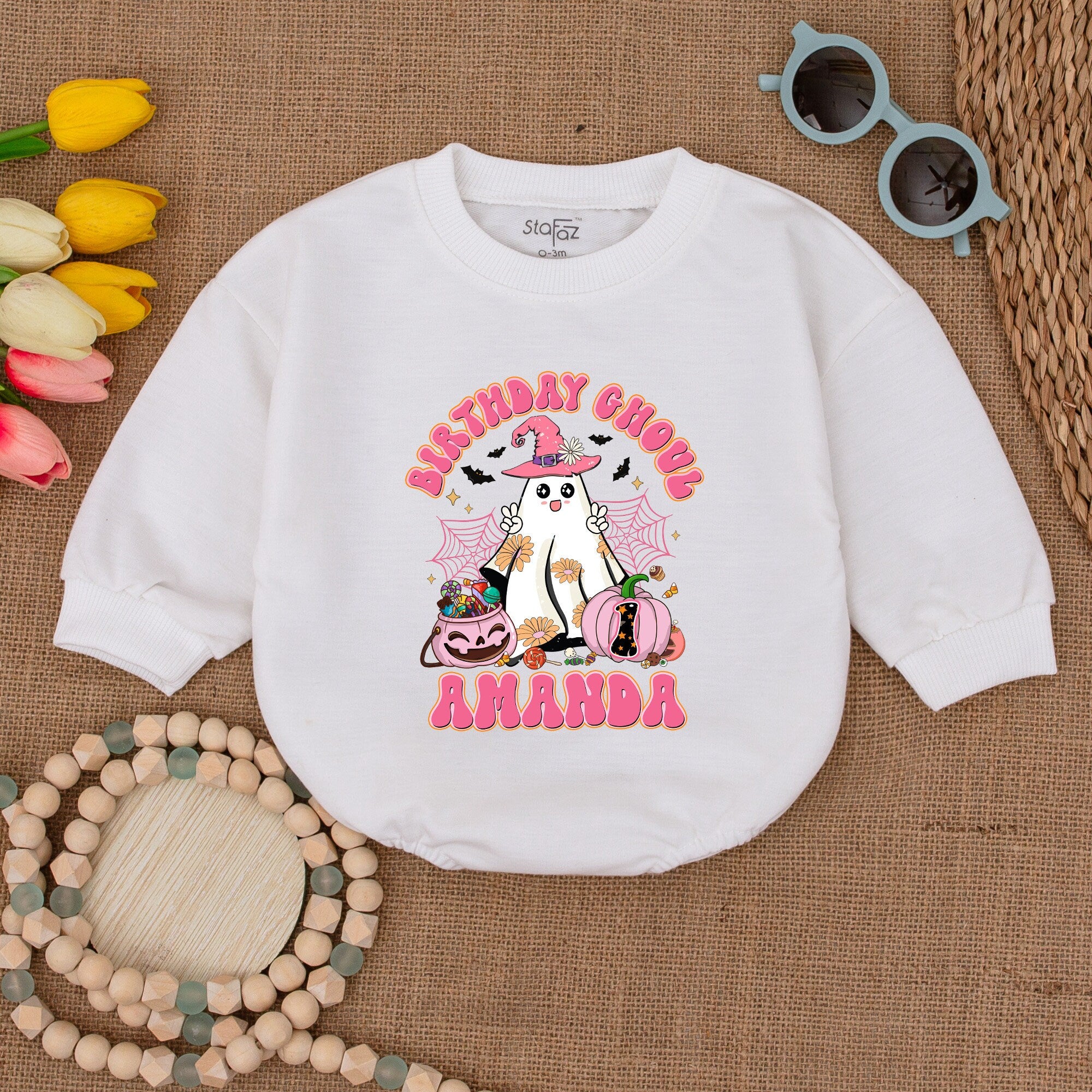 Custom Birthday Ghoul Romper for Baby Girls Pink Witch Hat Halloween 1st Birthday Outfit Soft Cotton Fun Party Wear Personalized Gift