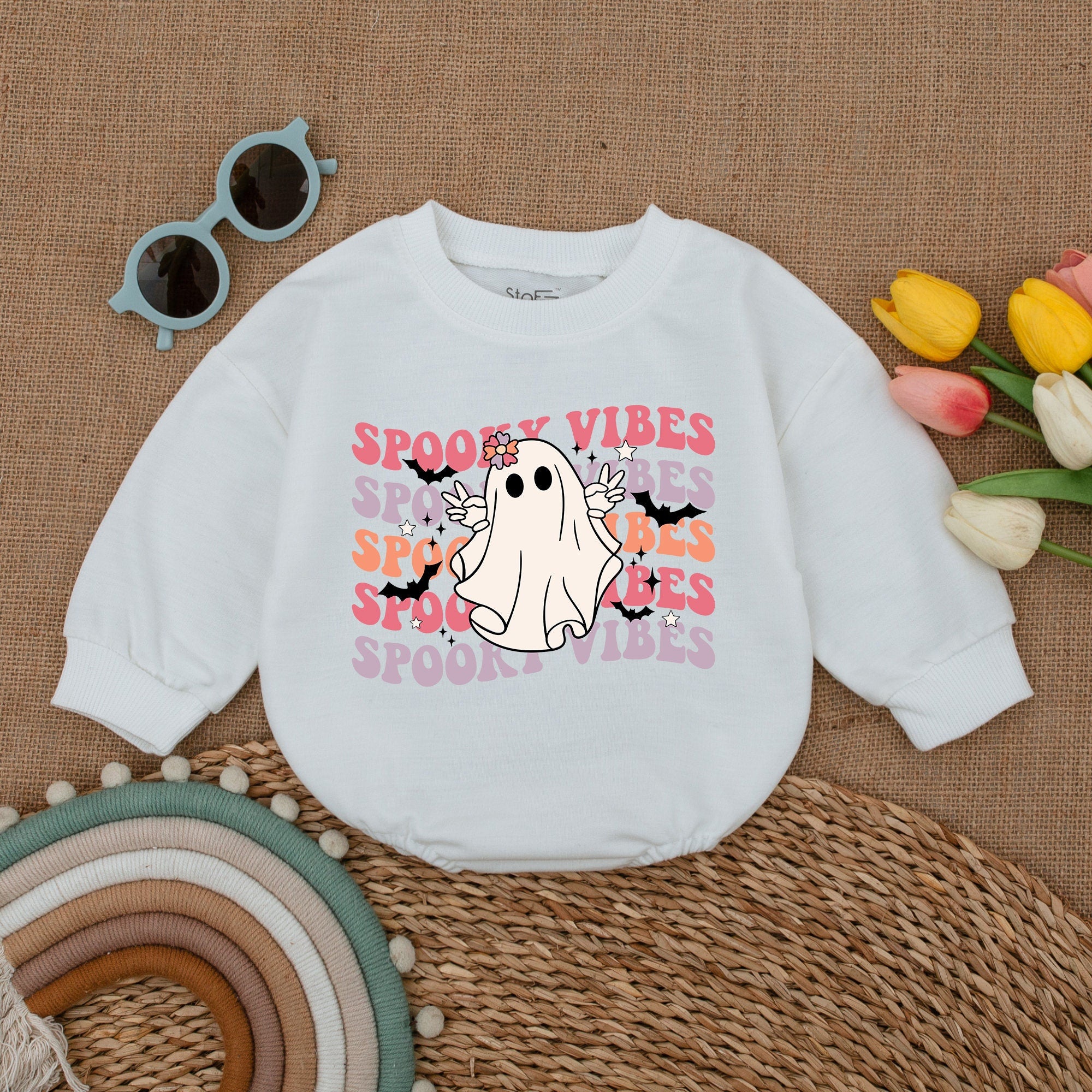 Spooky Vibes Halloween Ghost Baby Romper with Flower Crown Soft Cotton Girl Fall Outfit Festive Infant Bodysuit Baby Shower Gift