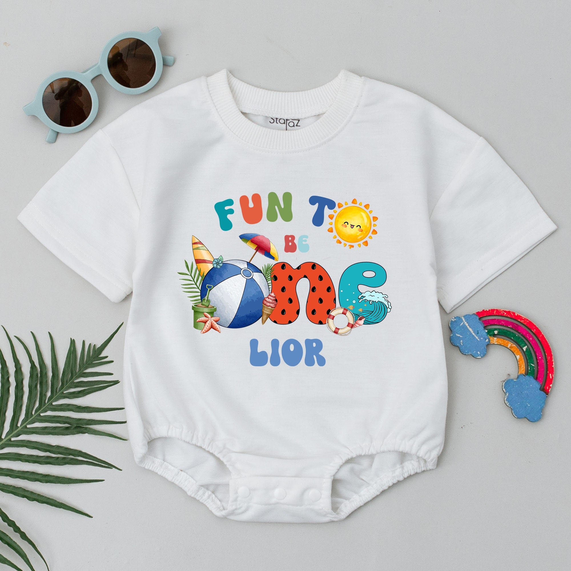 Personalized Fun to Be One Beach Romper Baby Birthday Outfit with Sun Waves Summer Bodysuit Perfect Cake Smash Gift for Baby's First Celebration