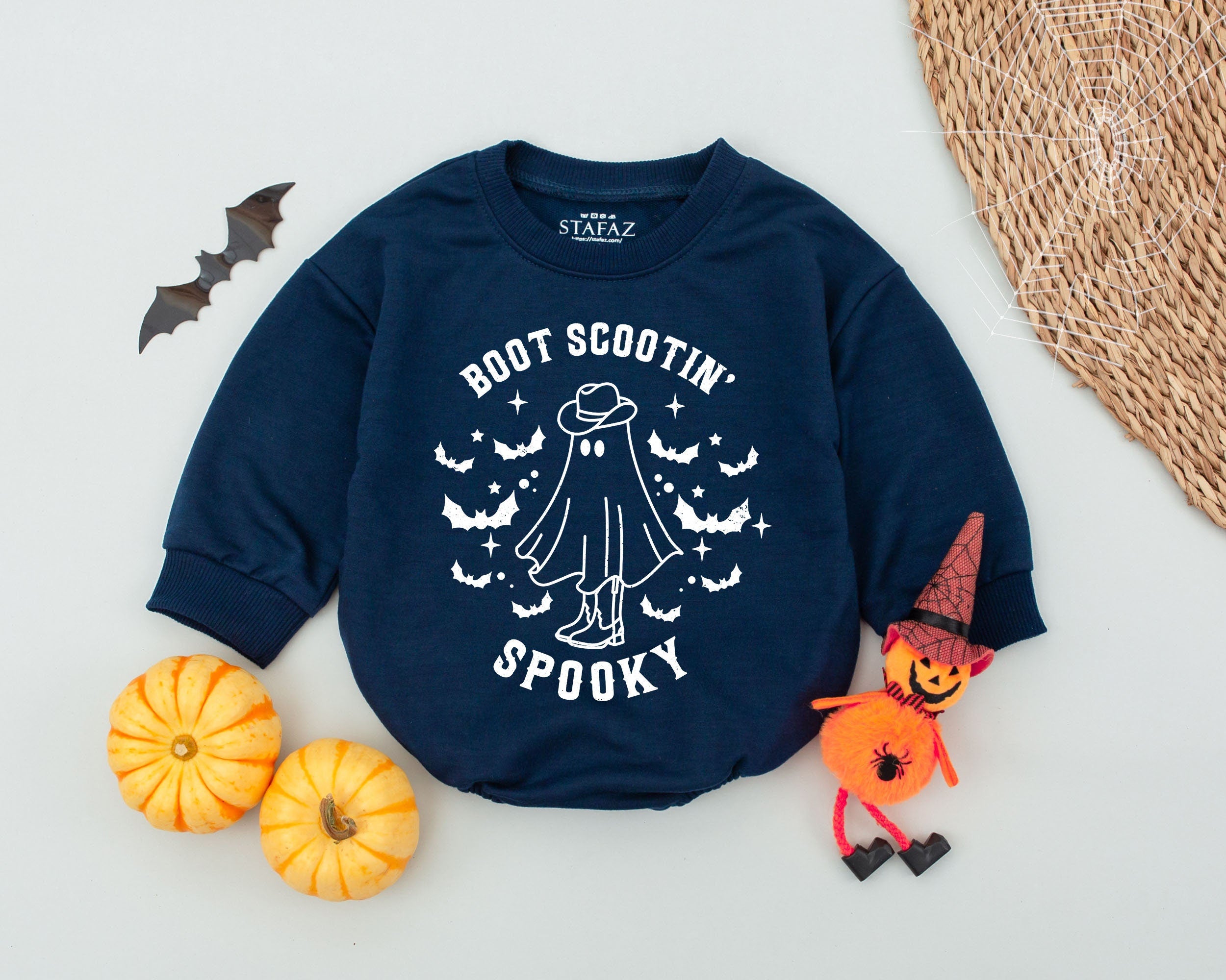 Boot Scootin Spooky Ghost Cowboy Baby Romper Halloween Outfit Retro Western Infant Costume Earthy Brown Cream Fun Design