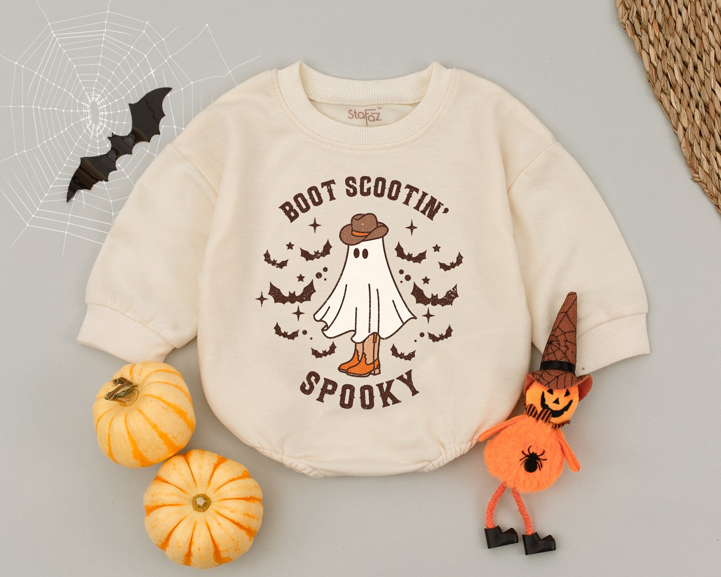 Boot Scootin Spooky Ghost Cowboy Baby Romper Halloween Outfit Retro Western Infant Costume Earthy Brown Cream Fun Design