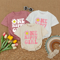 One Happy Girl First Birthday Romper with Smiley Daisy