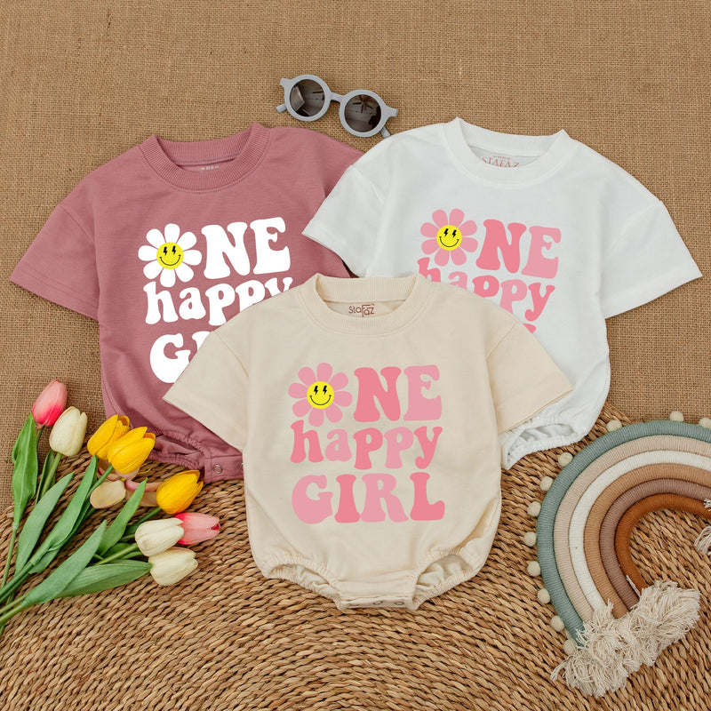 One Happy Girl First Birthday Romper with Smiley Daisy