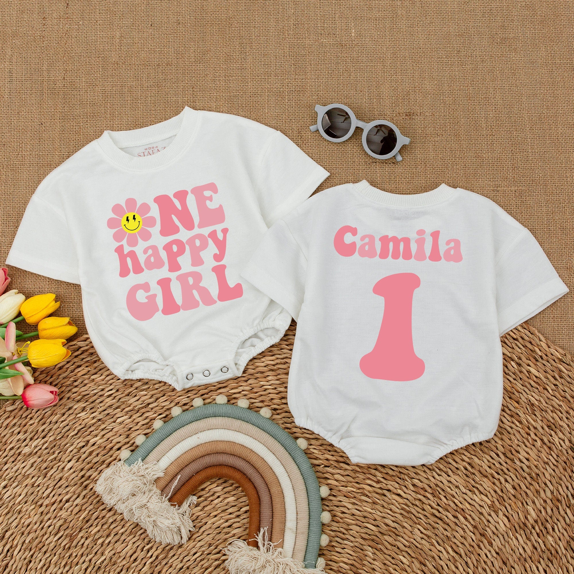 One Happy Girl First Birthday Romper with Smiley Daisy