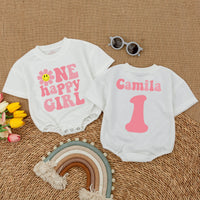 One Happy Girl First Birthday Romper with Smiley Daisy