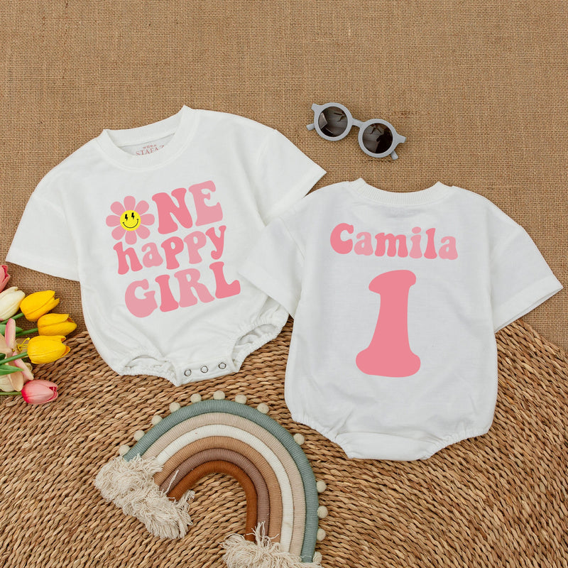 One Happy Girl First Birthday Romper with Smiley Daisy