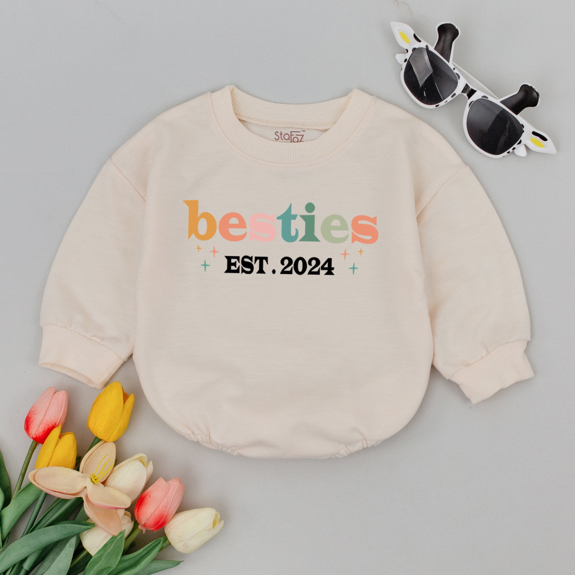Besties 2024 Infant Romper Retro Pastel Colors Cute Baby Girl Outfit Birthday Gift Soft Cotton Newborn BFF Onesie Shower Present