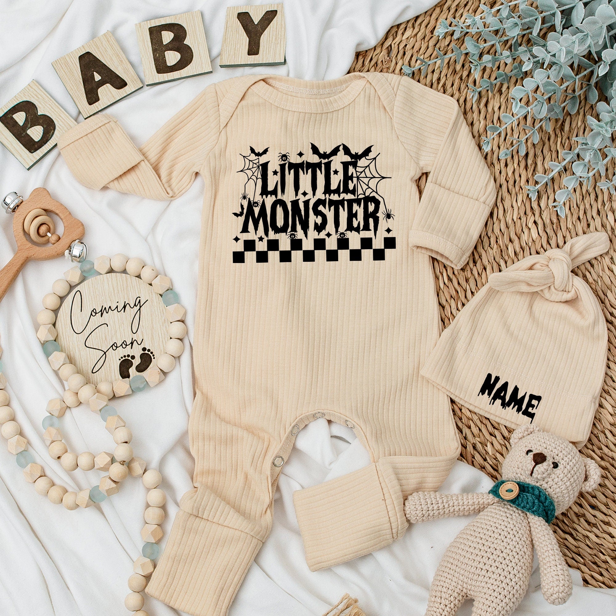 Little Monster Baby Bodysuit and Custom Hat Set Newborn Outfit Halloween-Themed Long Sleeve Fall Baby Shower Gift