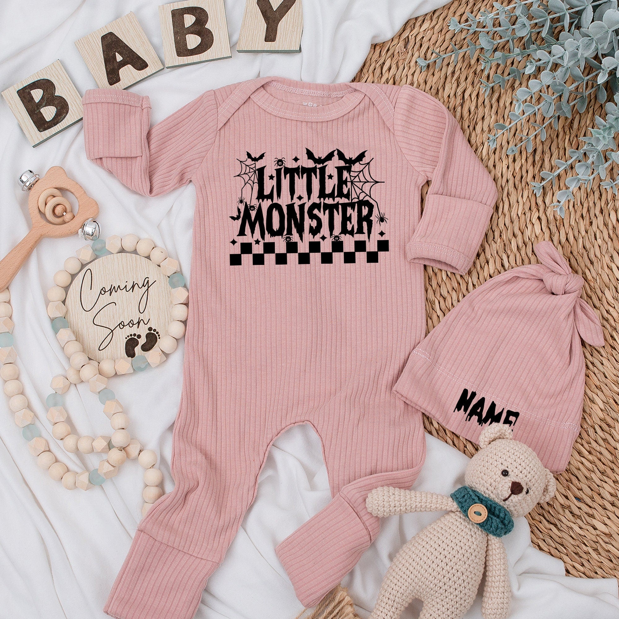 Little Monster Baby Bodysuit and Custom Hat Set Newborn Outfit Halloween-Themed Long Sleeve Fall Baby Shower Gift