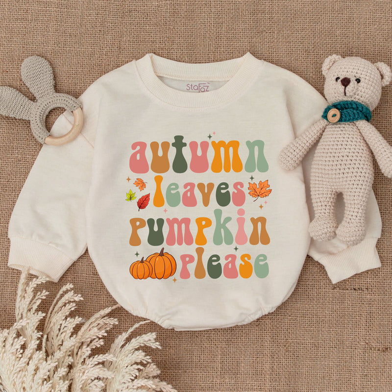 Autumn Leaves Pumpkin Please Baby Romper Festive Thanksgiving Outfit Whimsical Fall Bodysuit Soft Cotton Infant Holiday Clothes