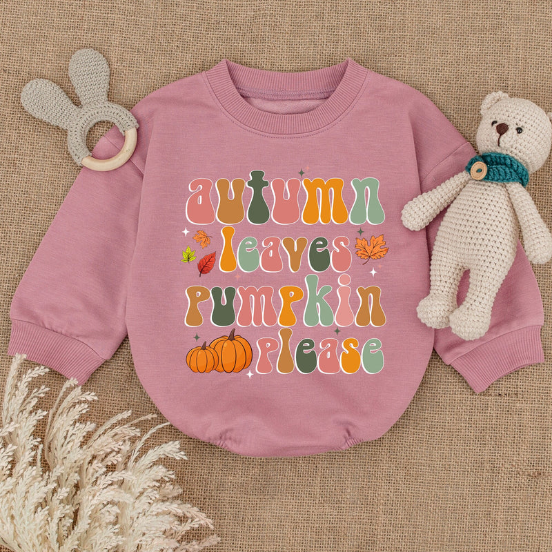 Autumn Leaves Pumpkin Please Baby Romper Festive Thanksgiving Outfit Whimsical Fall Bodysuit Soft Cotton Infant Holiday Clothes
