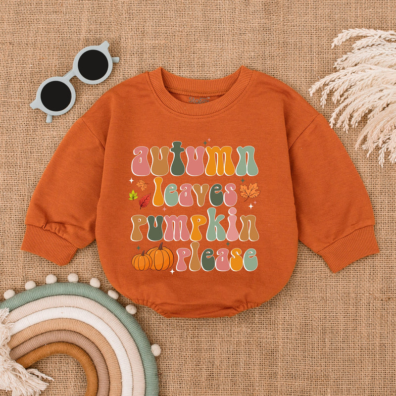 Autumn Leaves Pumpkin Please Baby Romper Festive Thanksgiving Outfit Whimsical Fall Bodysuit Soft Cotton Infant Holiday Clothes