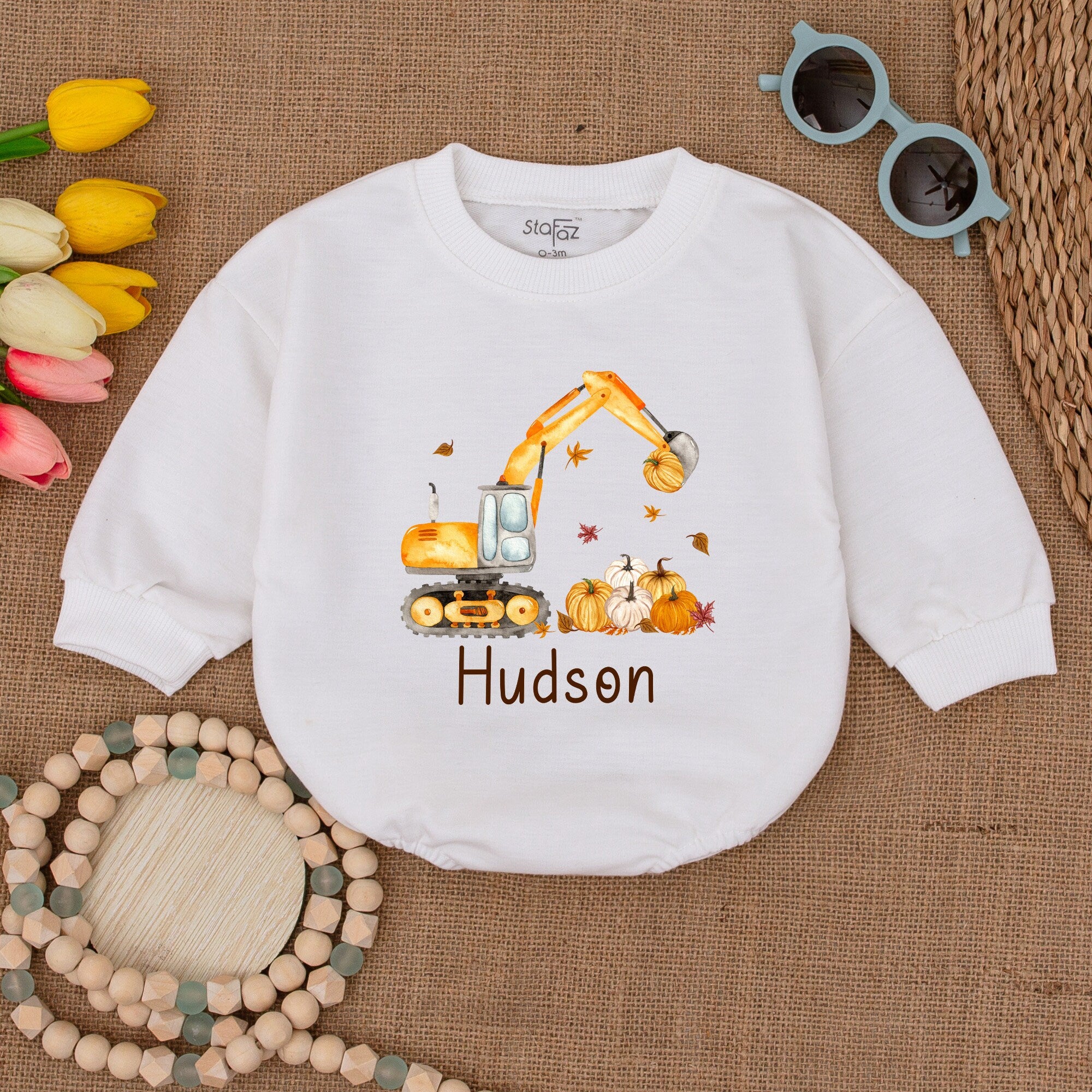 Custom Pumpkin Excavator Baby Romper Personalized Fall Construction Design Soft Cotton Thanksgiving Outfit with Hudson Name