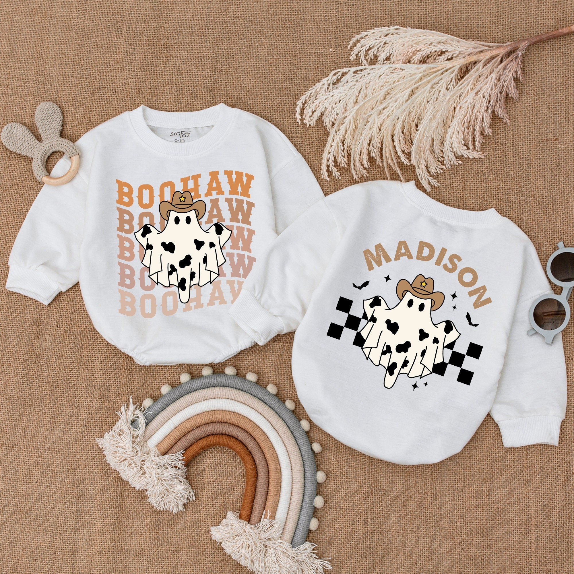Boohaw Cowboy Baby Bubble Romper Cute Ghost Autumn Outfit Personalized Name Thanksgiving Gift