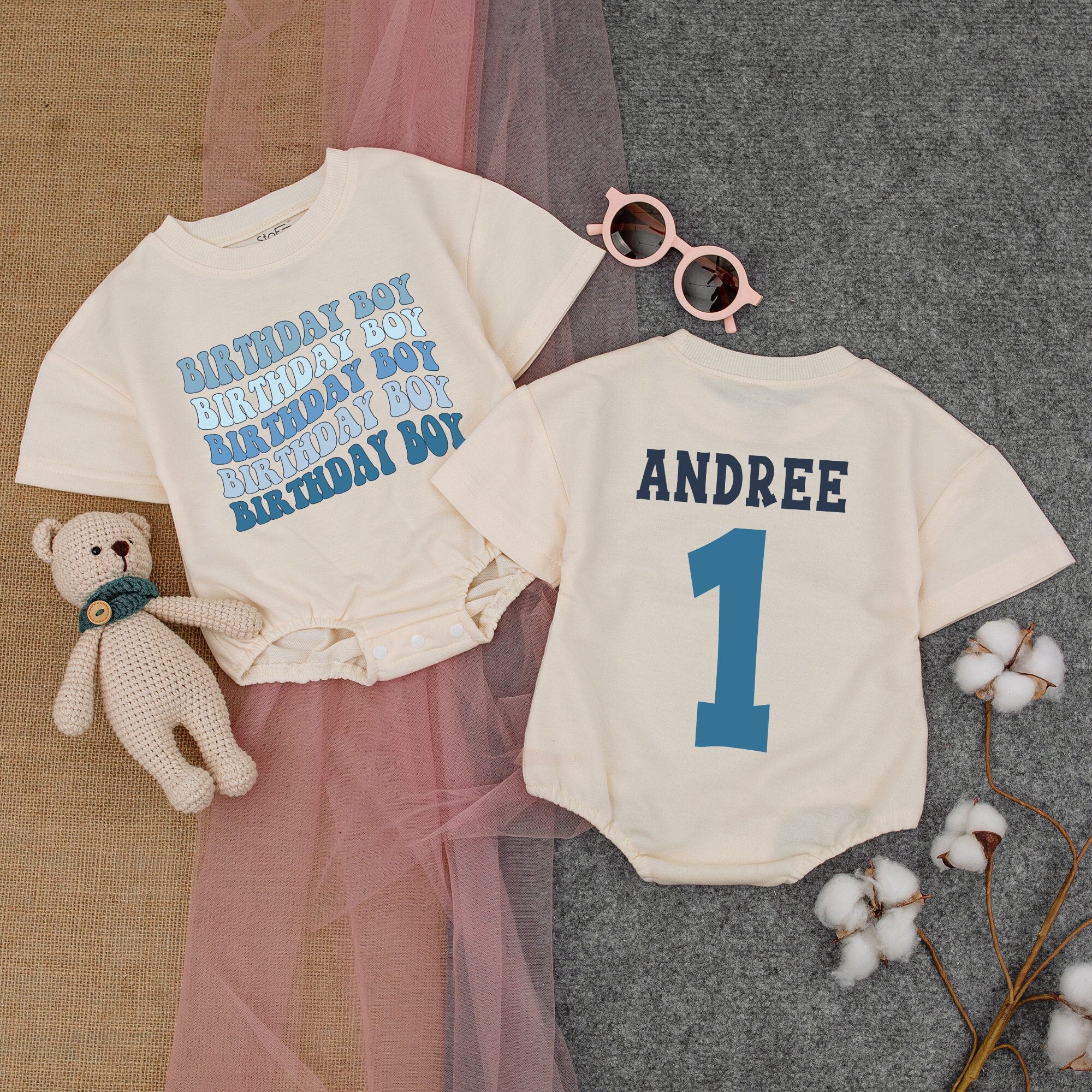 First Birthday Blue Romper with Personalized Name & Number