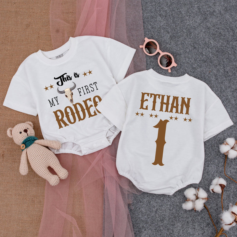Custom First Rodeo Baby Romper with Cowboy Hat Design