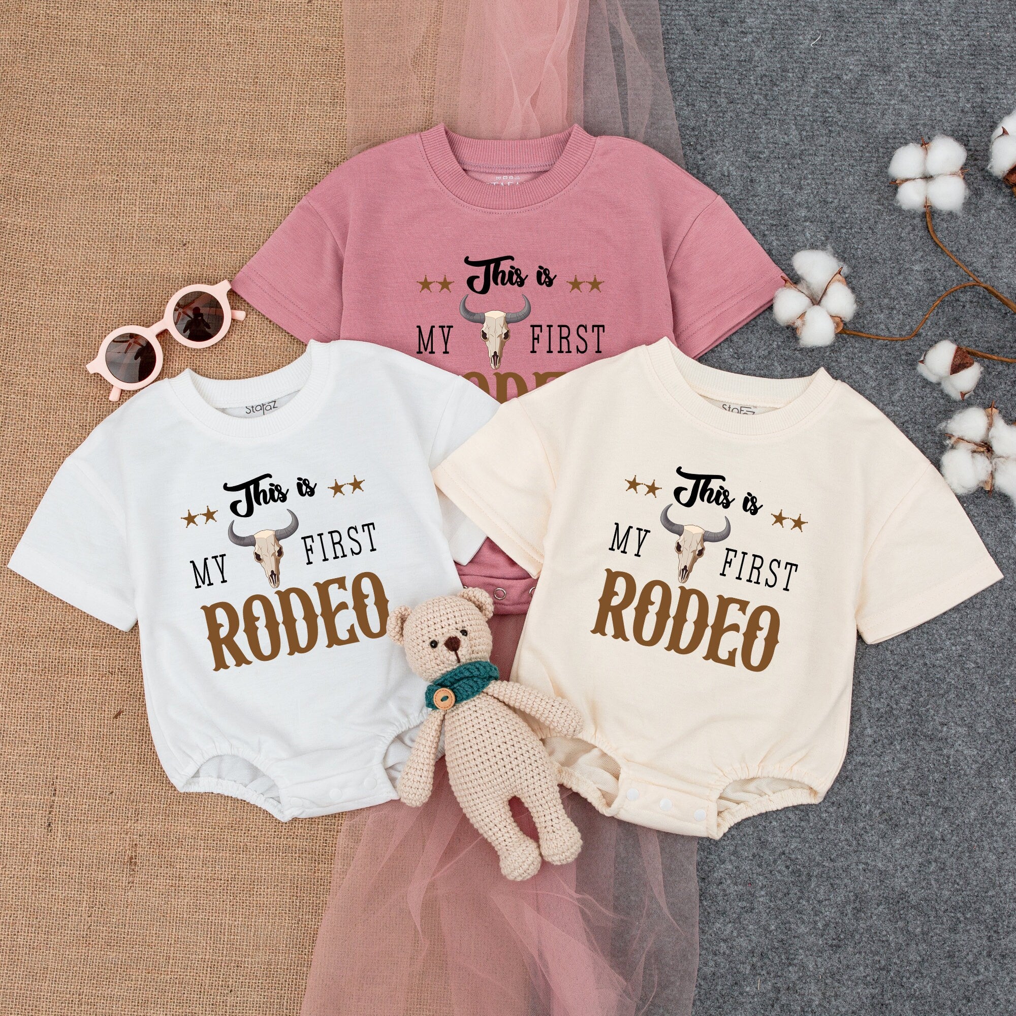 Custom First Rodeo Baby Romper with Cowboy Hat Design