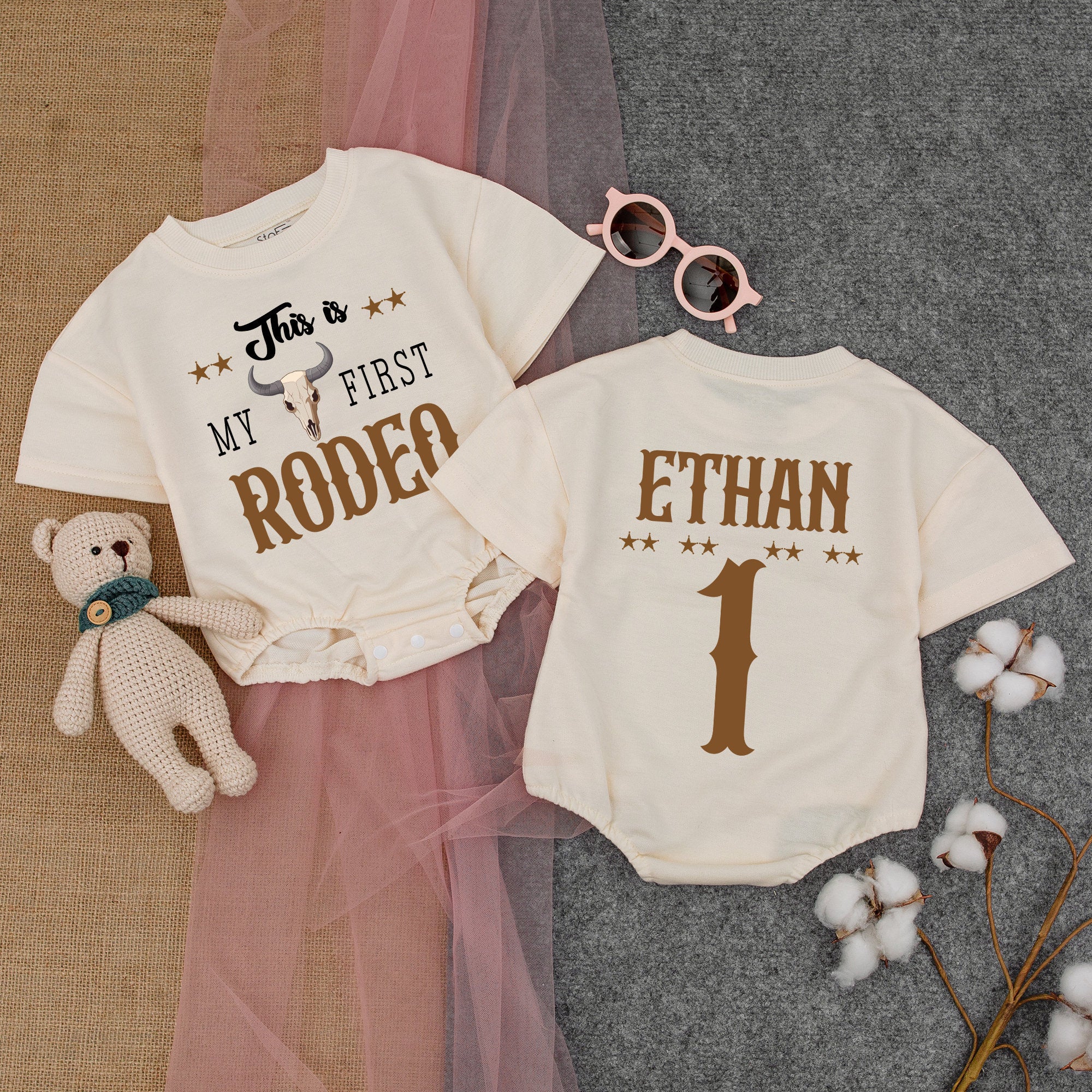 Custom First Rodeo Baby Romper with Cowboy Hat Design