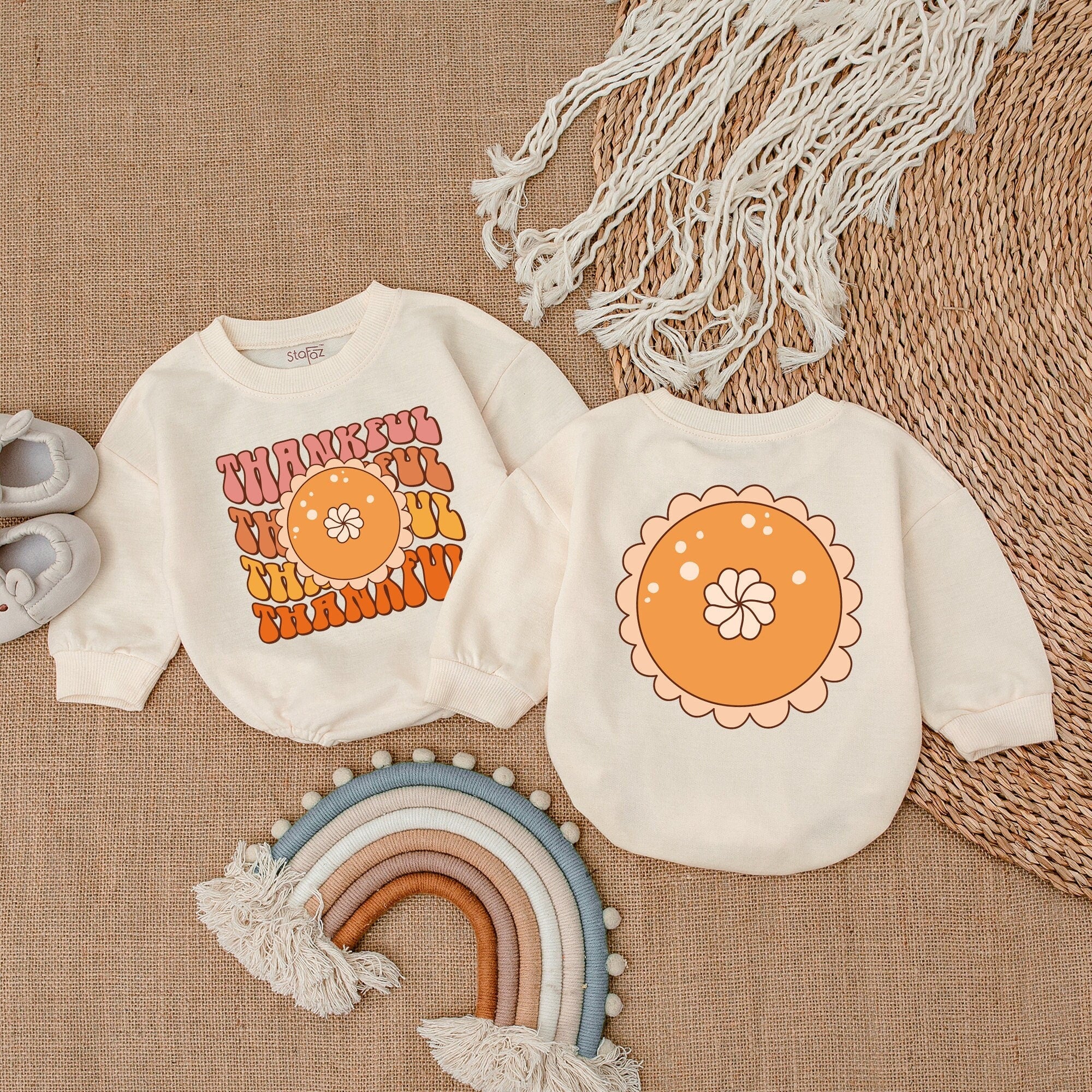 Thankful Bubble Romper for Baby's First Thanksgiving Soft Cotton Autumn Outfit Vintage Floral Design Fall Baby Clothes Holiday Apparel