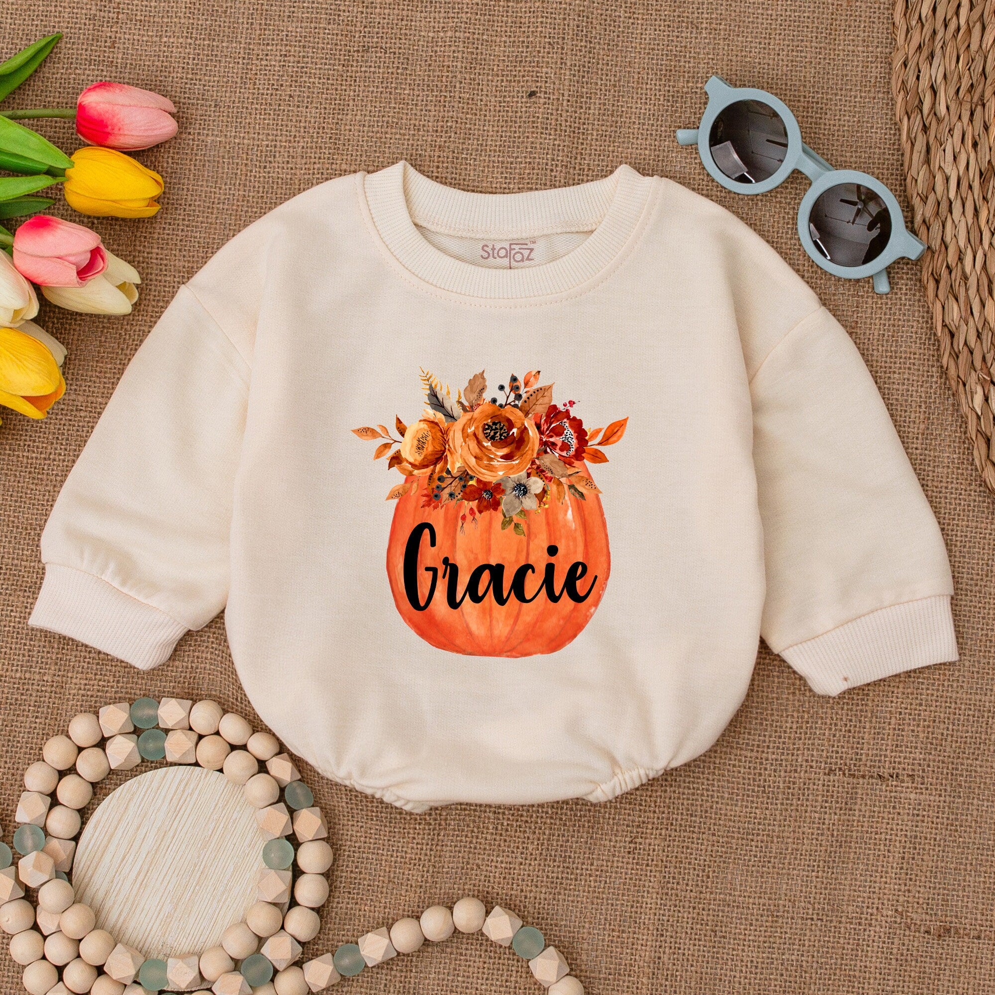 Custom Pumpkin Baby Romper with Floral Design Personalized Fall Outfit Soft Cotton Halloween Baby Shower Gift for Infants