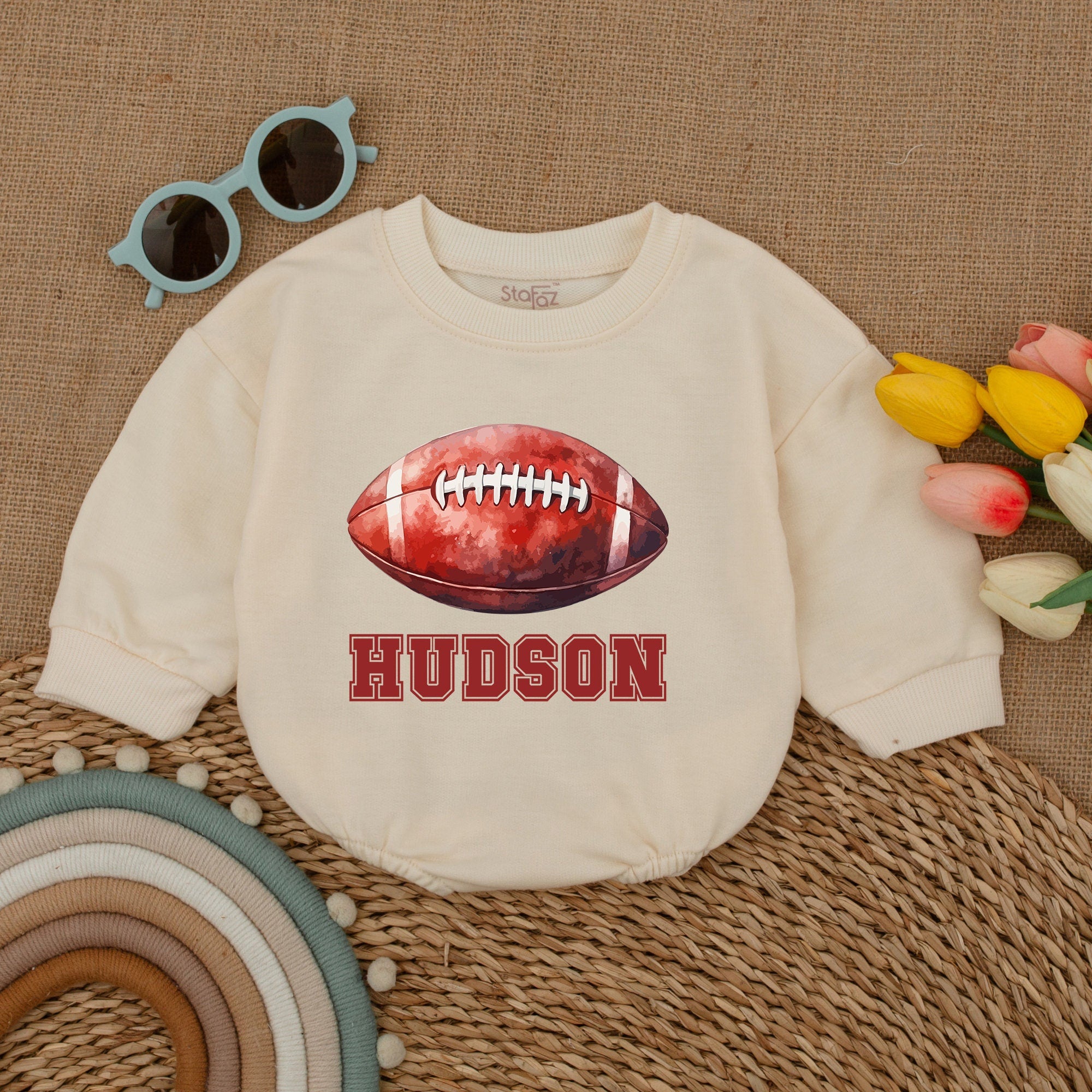 Custom Name Football Baby Romper Personalized Game Day Bodysuit Sporty Outfit Perfect for Baby Showers Soft Cotton Bubble Romper Gift