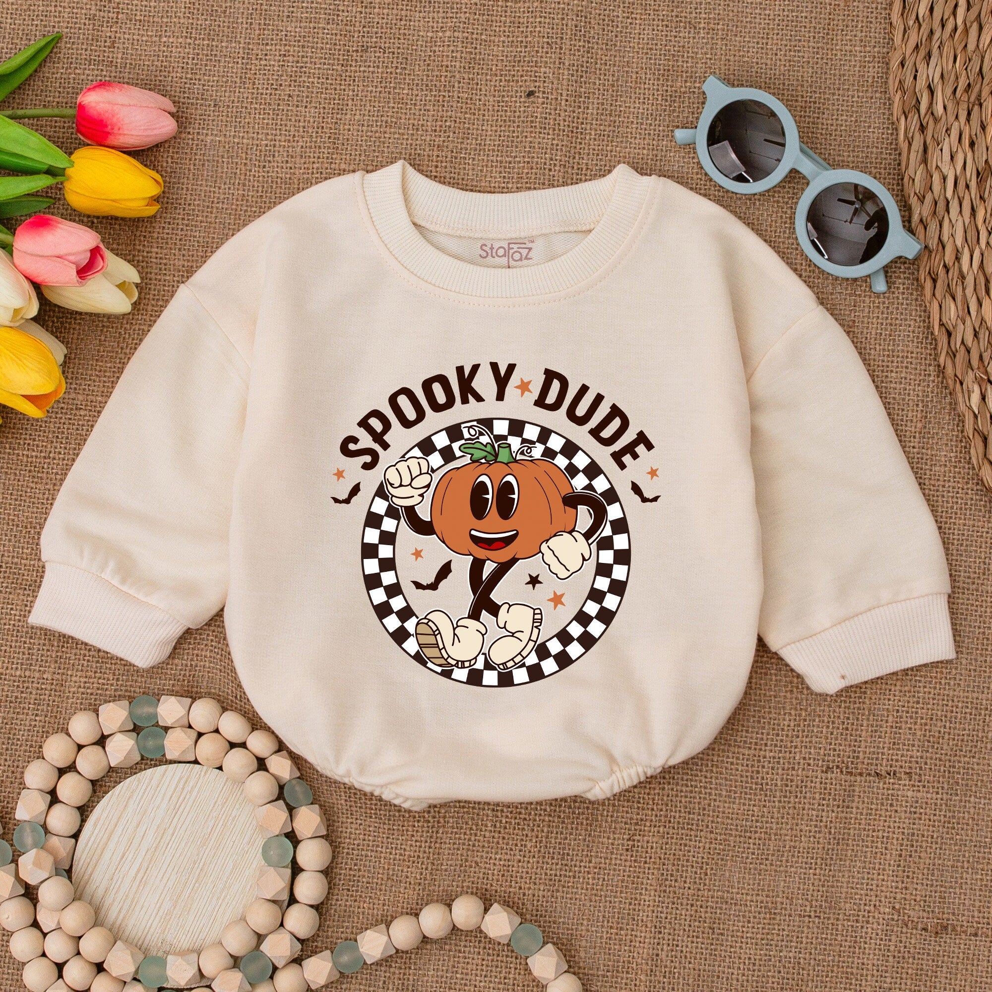 Spooky Dude Pumpkin Baby Romper Halloween Outfit Infant Fun Checkered Circle Design Soft Cotton Fall Party Gift