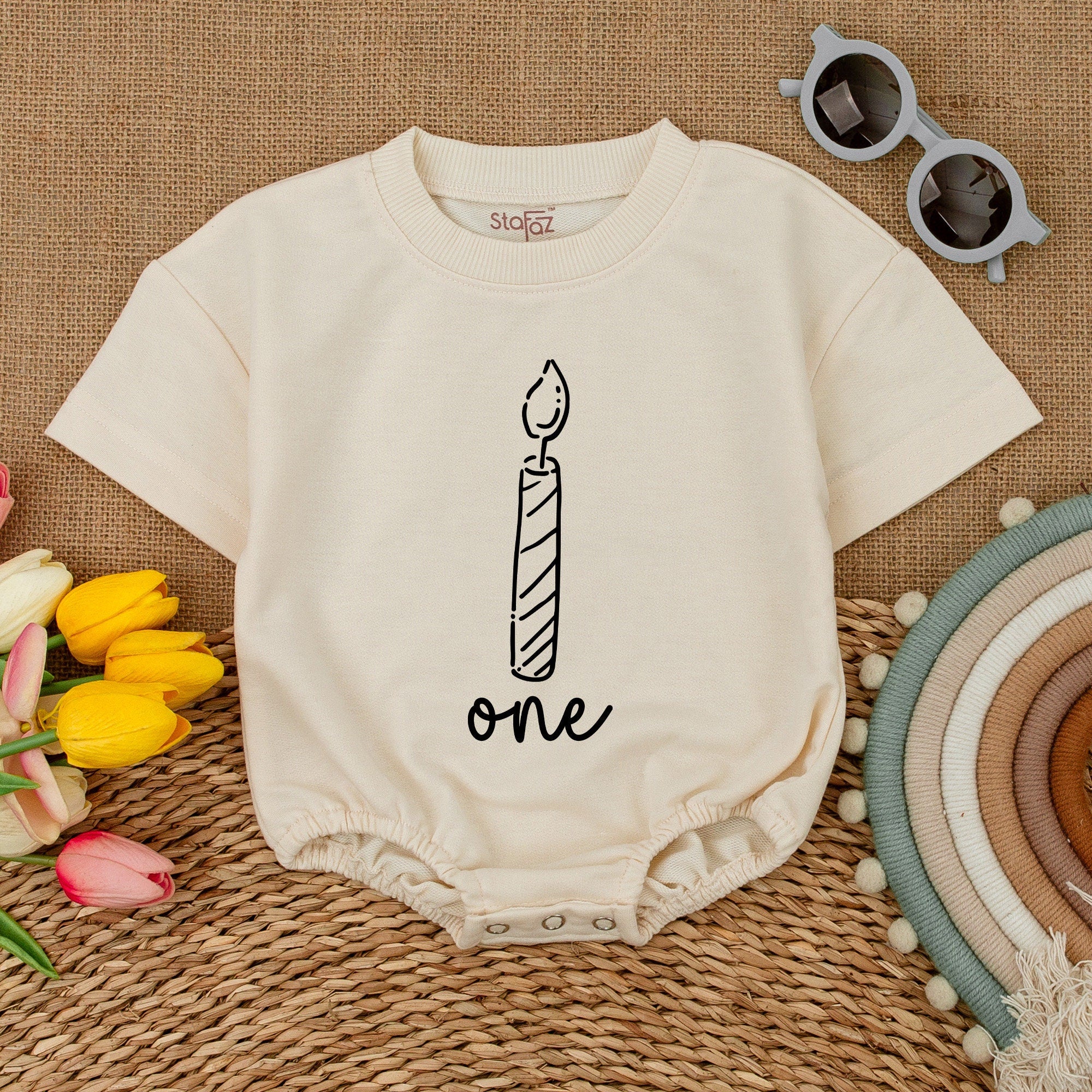 Baby's First Birthday Romper with Hand-Drawn Candle Design Soft Cotton Short Sleeve Outfits for Memorable Infant Celebrations