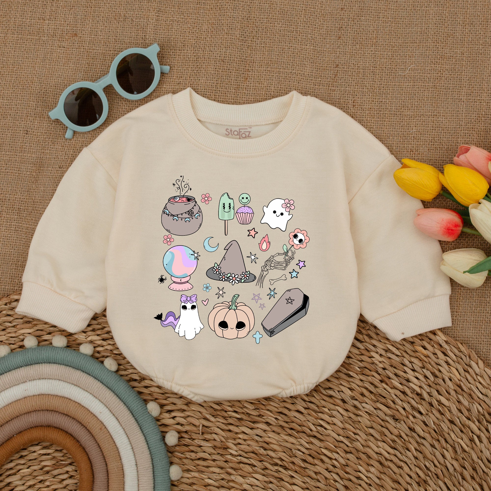 Retro Pastel Halloween Baby Romper with Cauldron Ghost Pumpkin Cute Fall Bodysuit Soft Cotton for Infant Holiday Party Autumn Shower Gift
