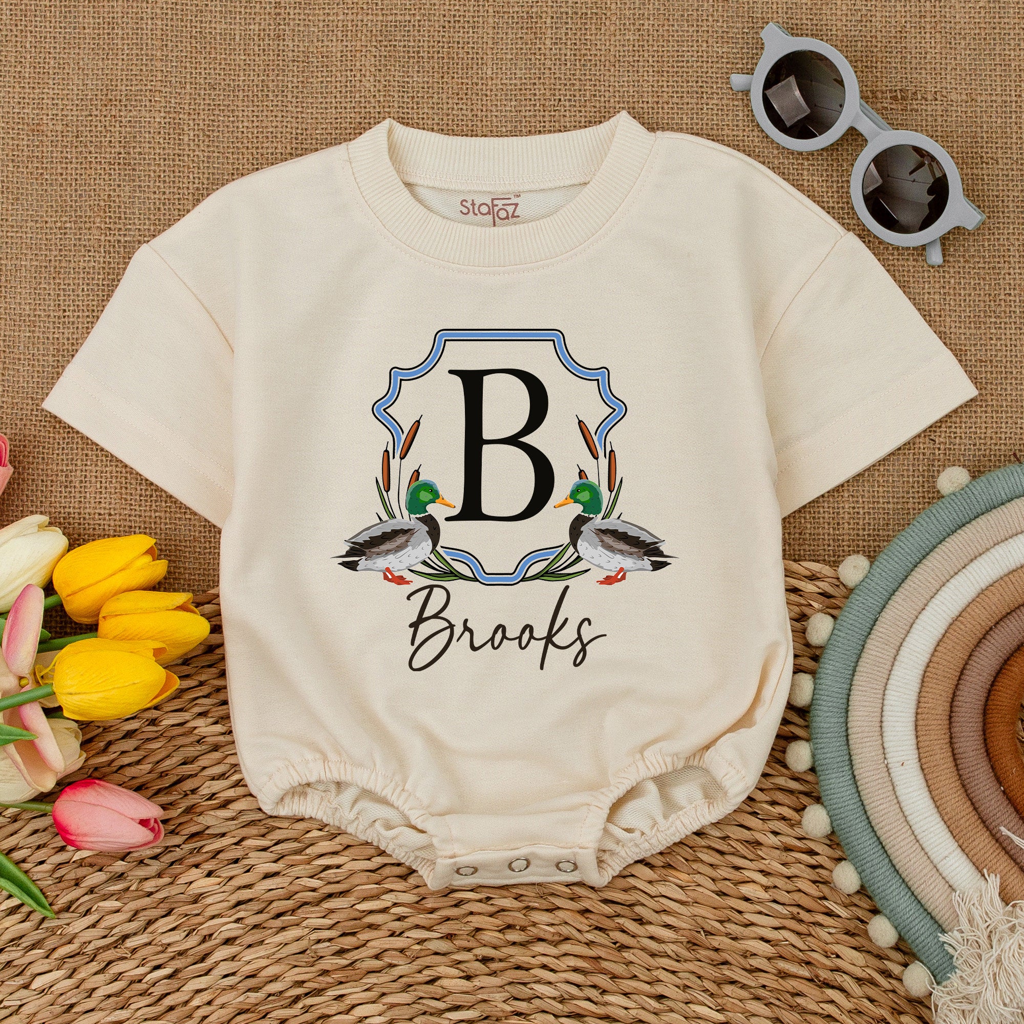 Personalized Mallard Ducks Romper with Name - Custom Baby Bodysuit