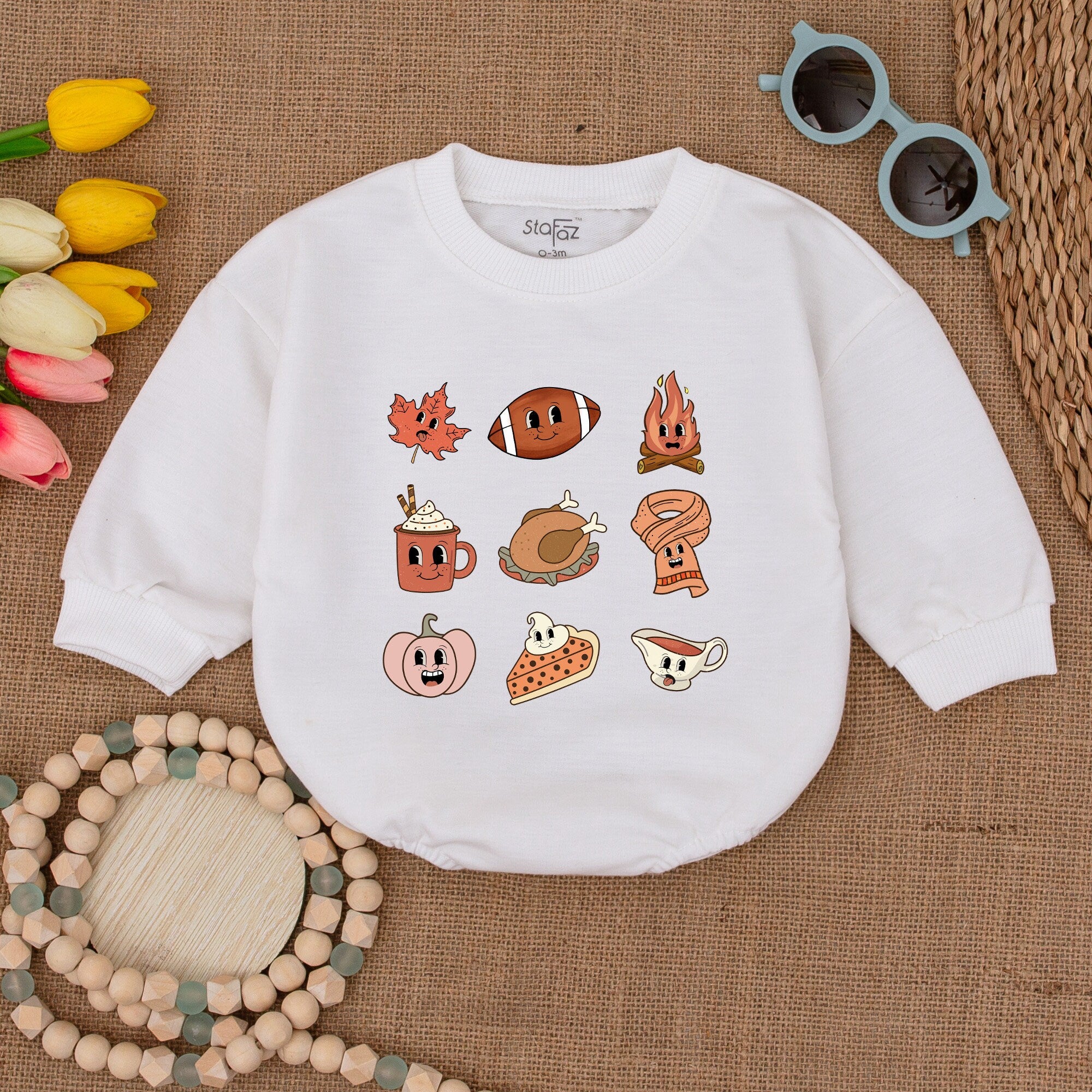 Retro Fall Baby Romper with Smiling Leaves Pumpkins and Hot Cocoa Cozy Autumn Outfit for Thanksgiving Infant Boy Girl Shower Gift