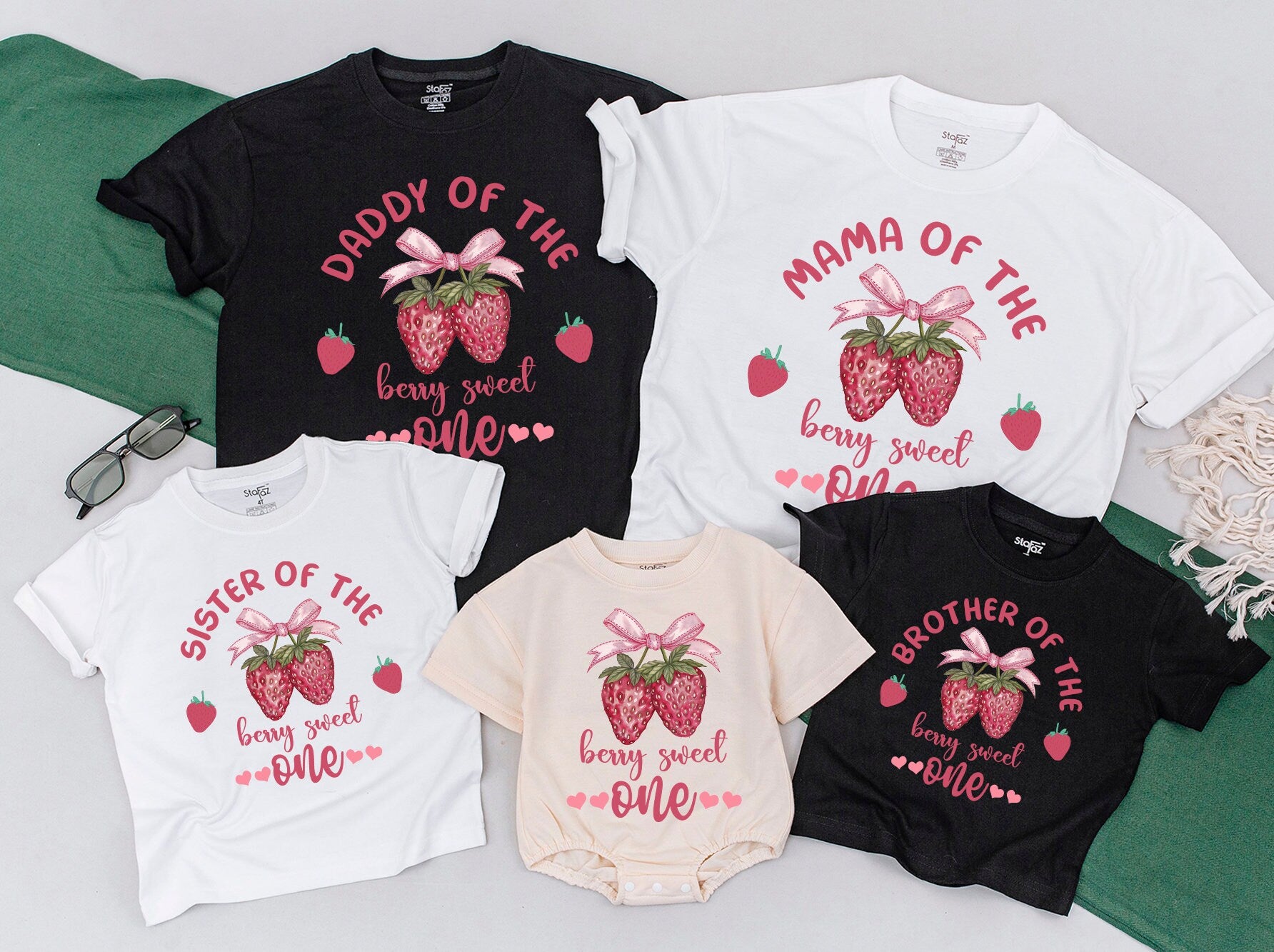 Berry Sweet Family Matching T-Shirts Strawberry 1st Birthday Outfit with Custom Names for Mom Dad Siblings Fun Party Celebration