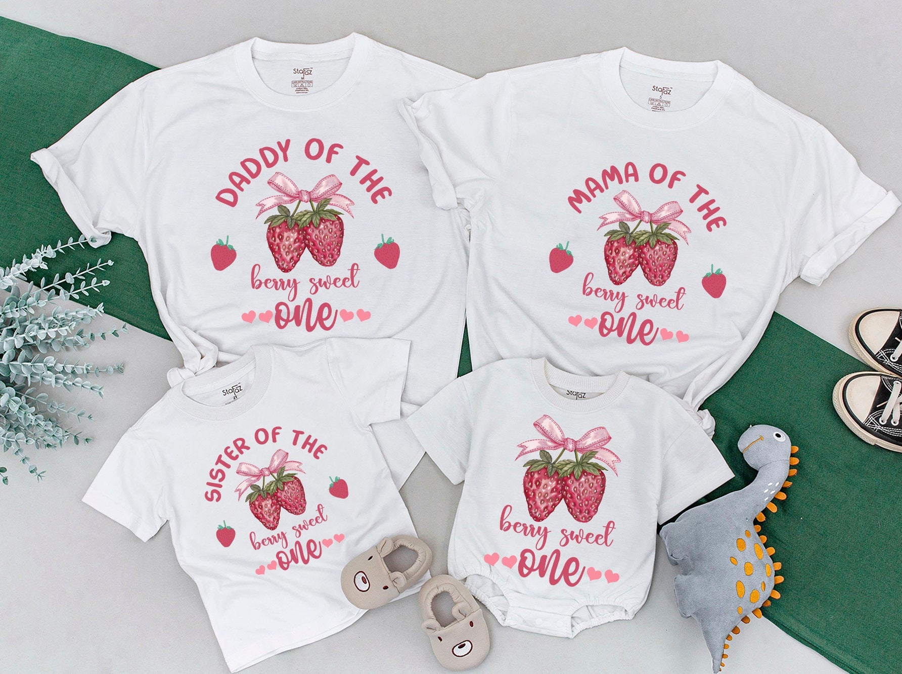 Berry Sweet Family Matching T-Shirts Strawberry 1st Birthday Outfit with Custom Names for Mom Dad Siblings Fun Party Celebration