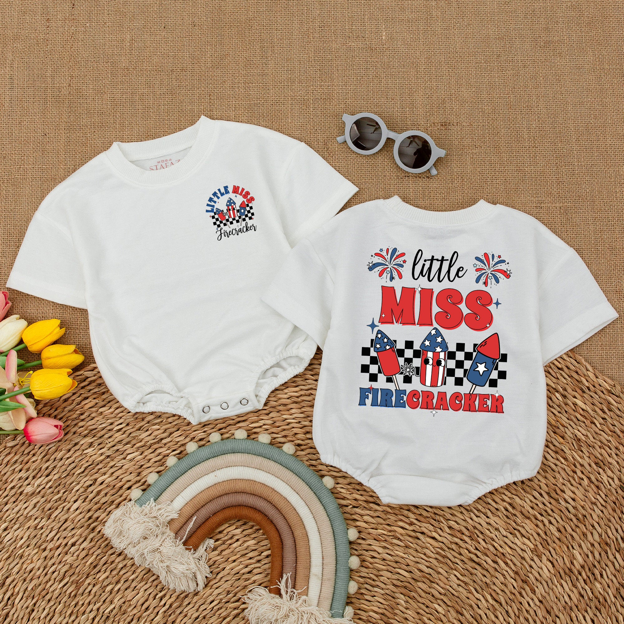Little Miss Firecracker Baby Girl Romper Festive 4th of July Outfit with Stars Fireworks American Flag Checkered Pattern