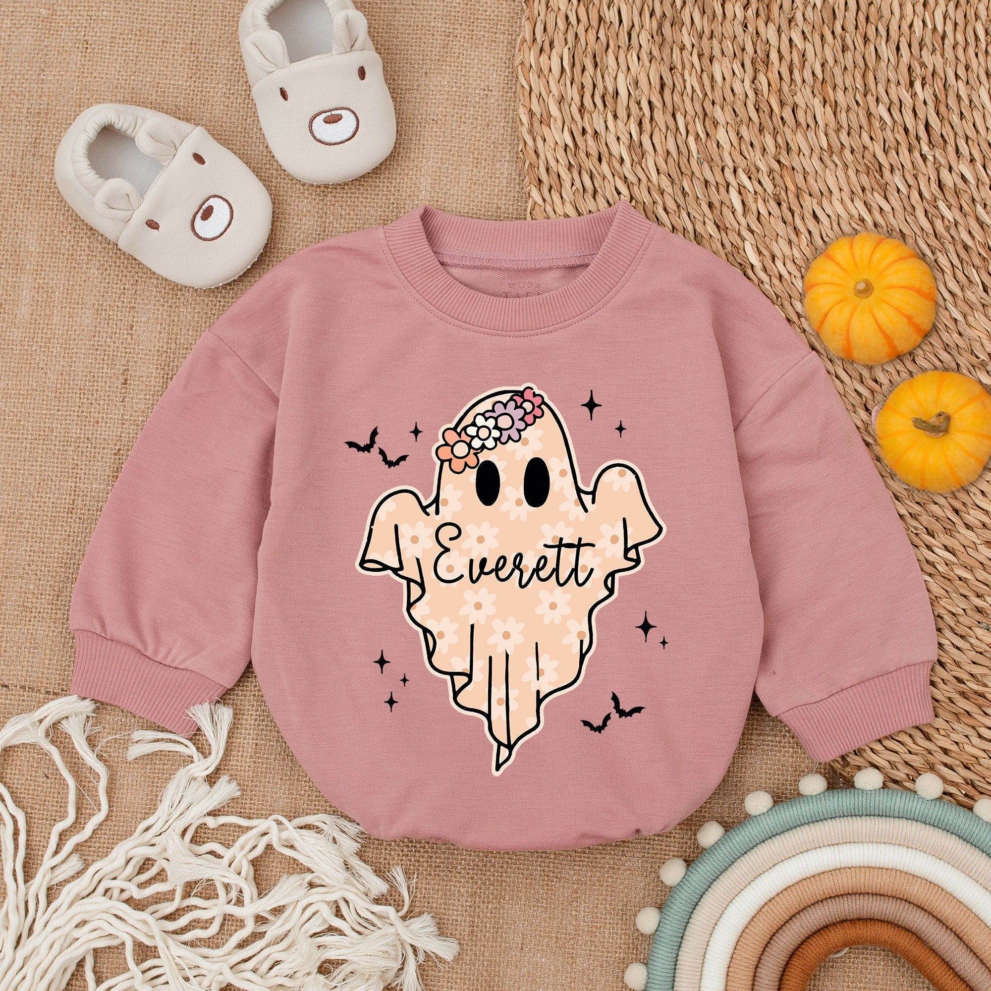 Custom My First Halloween Baby Girl Bodysuit with Floral Headband Ghost Design Soft Pastel Colors Personalized Everett Romper Outfit
