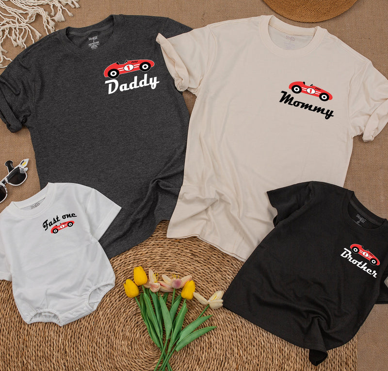 Fast One Family Birthday Shirt Personalized Race Car Theme Outfit for 1st Birthday Boy with Mommy and Me Matching Tee Set