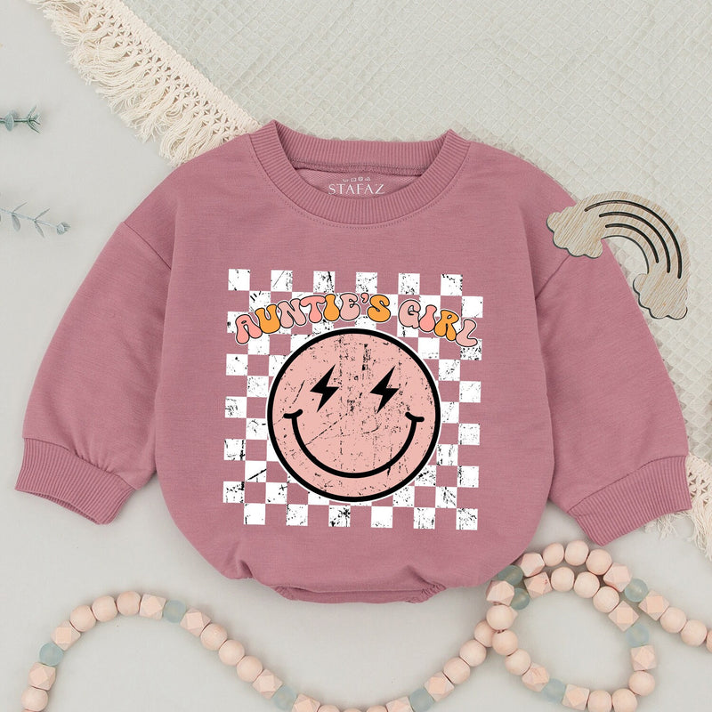 Personalized Auntie and Girl Retro Smiley Face Sweatshirts Playful Gift Checkerboard Pattern Pink Black Cotton Holiday Outfit