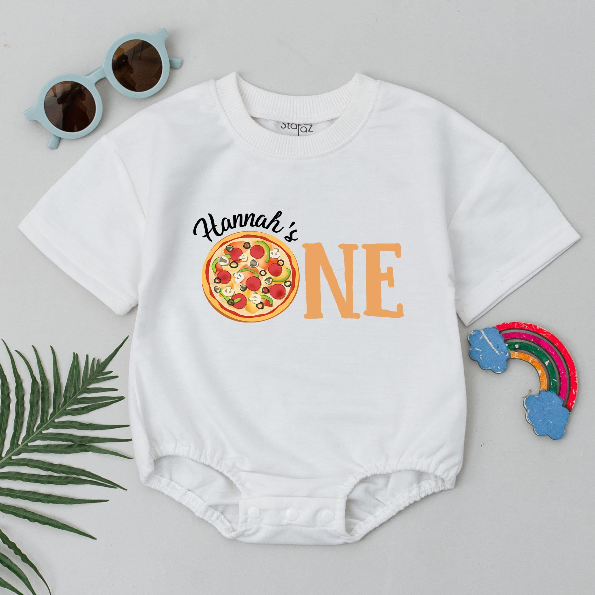 Personalized Pizza First Birthday Romper One Girl Outfit Colorful Celebration Bodysuit Custom Name Soft Cotton Fun Party Baby Shower Gift