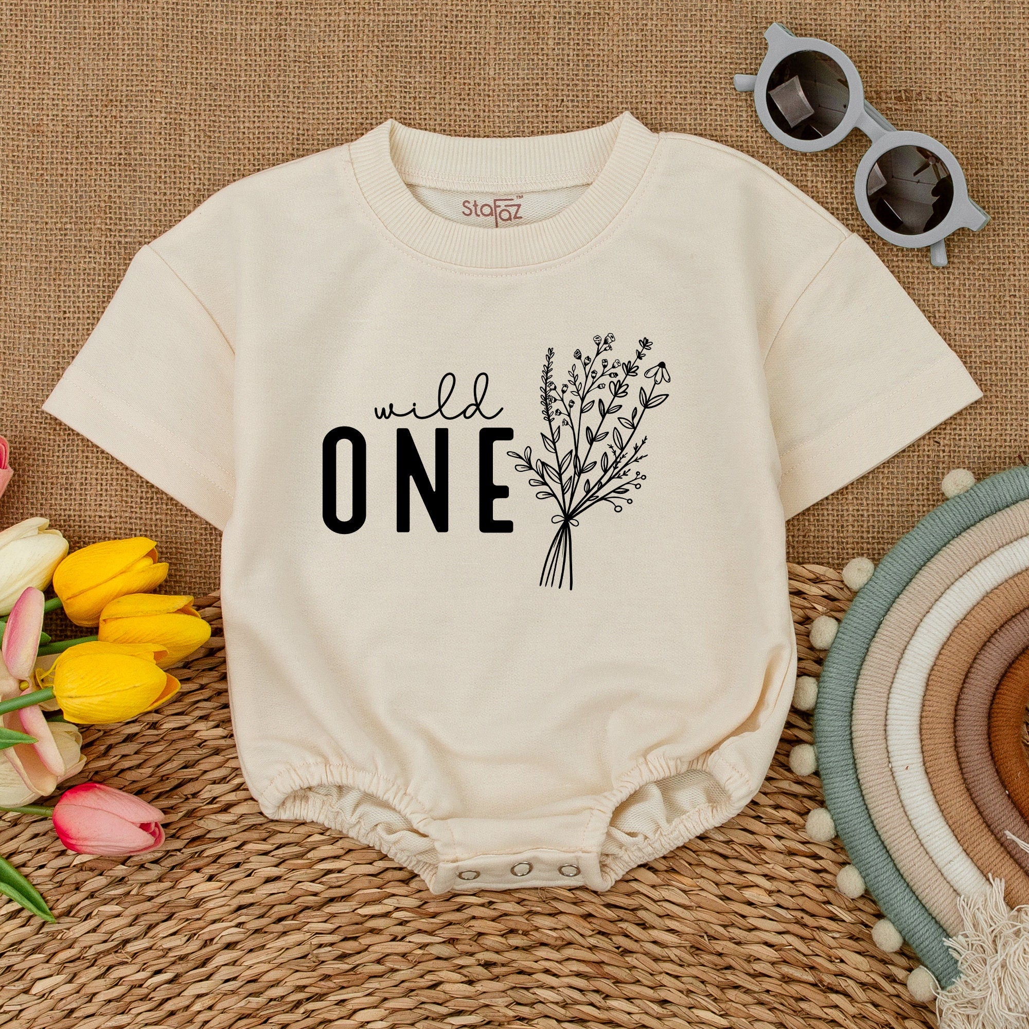 Wild One Birthday Romper for Baby Girl with Elegant Wildflower Design Comfortable Cotton Short Sleeve Cake Smash Outfit