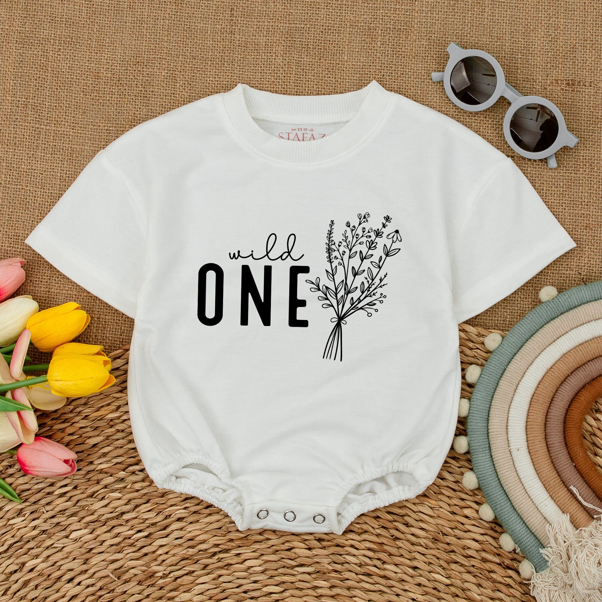 Wild One Birthday Romper for Baby Girl with Elegant Wildflower Design Comfortable Cotton Short Sleeve Cake Smash Outfit