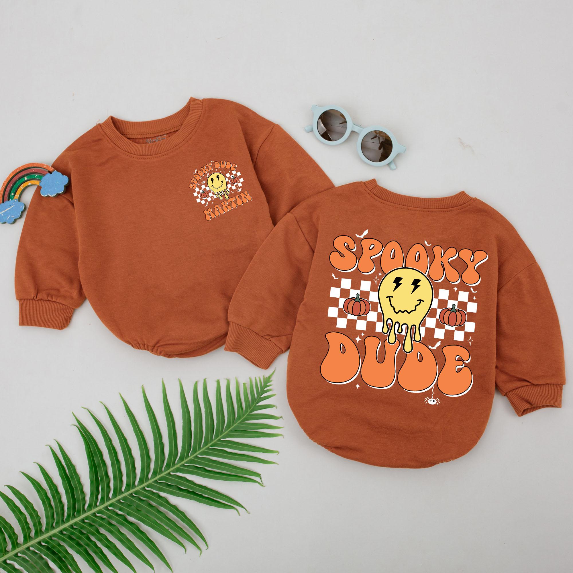 Personalized Spooky Dude Halloween Romper for Baby Boys Girls First Holiday Outfit Soft Cotton Gift with Pumpkins Ghosts Checkerboard