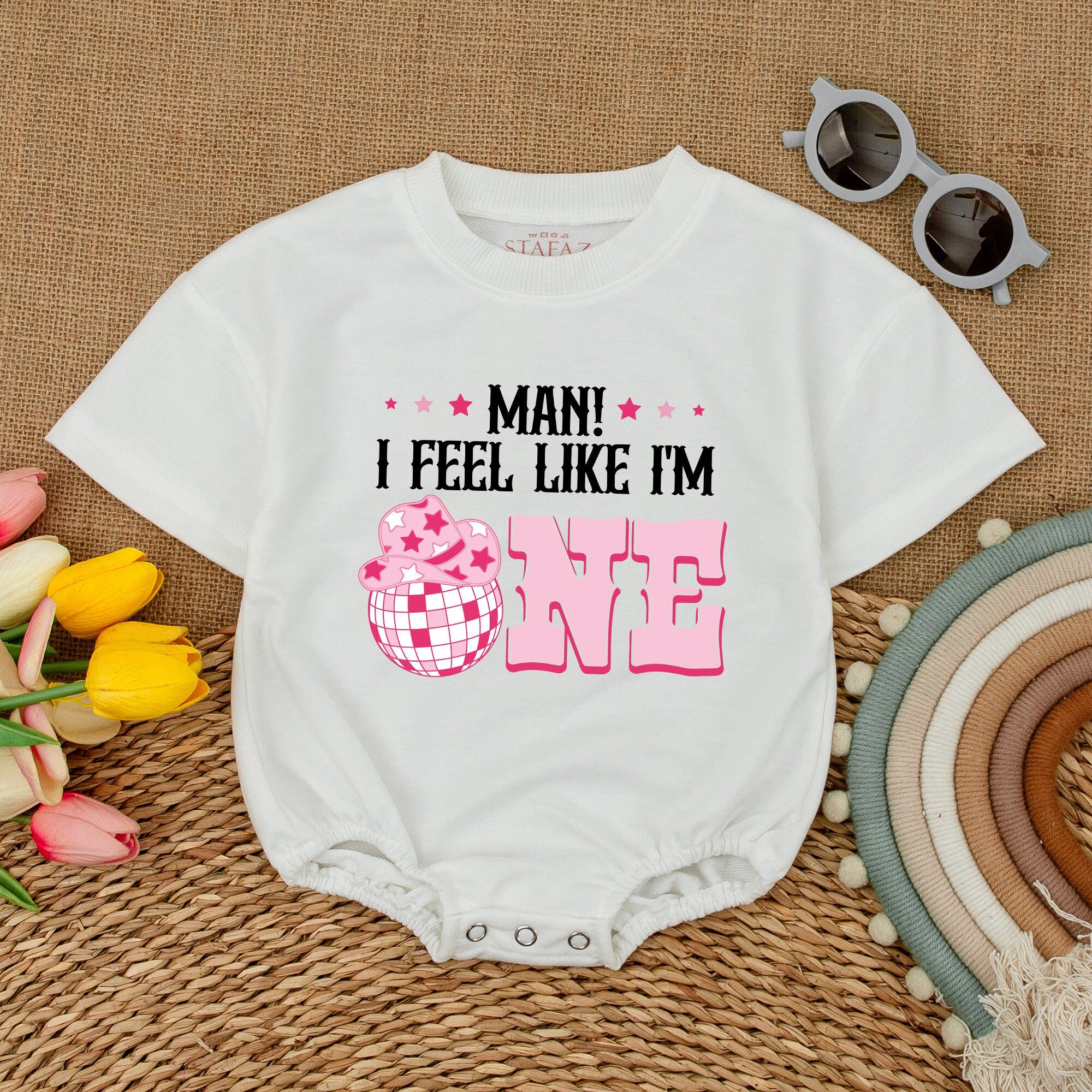 Groovy Cowgirl First Birthday Romper with Pink Cowboy Hat