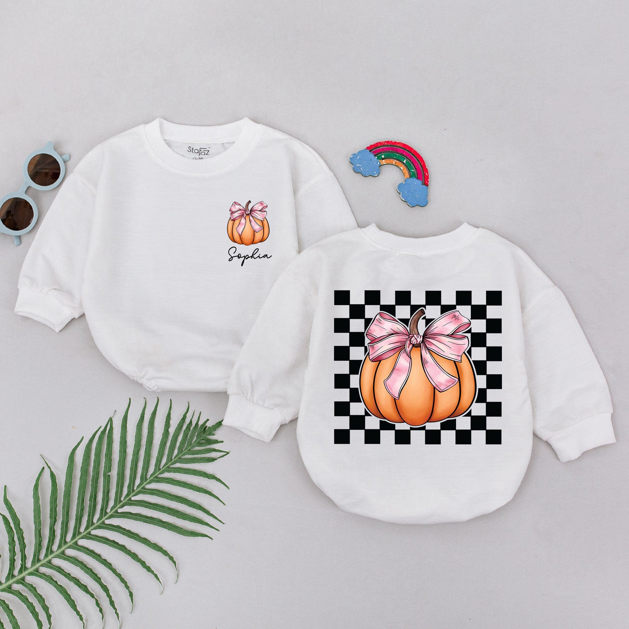 Custom Name Checkered Pumpkin Romper for Baby Girls Fall Outfit Personalized Thanksgiving Gift Newborn Toddler Holiday Party