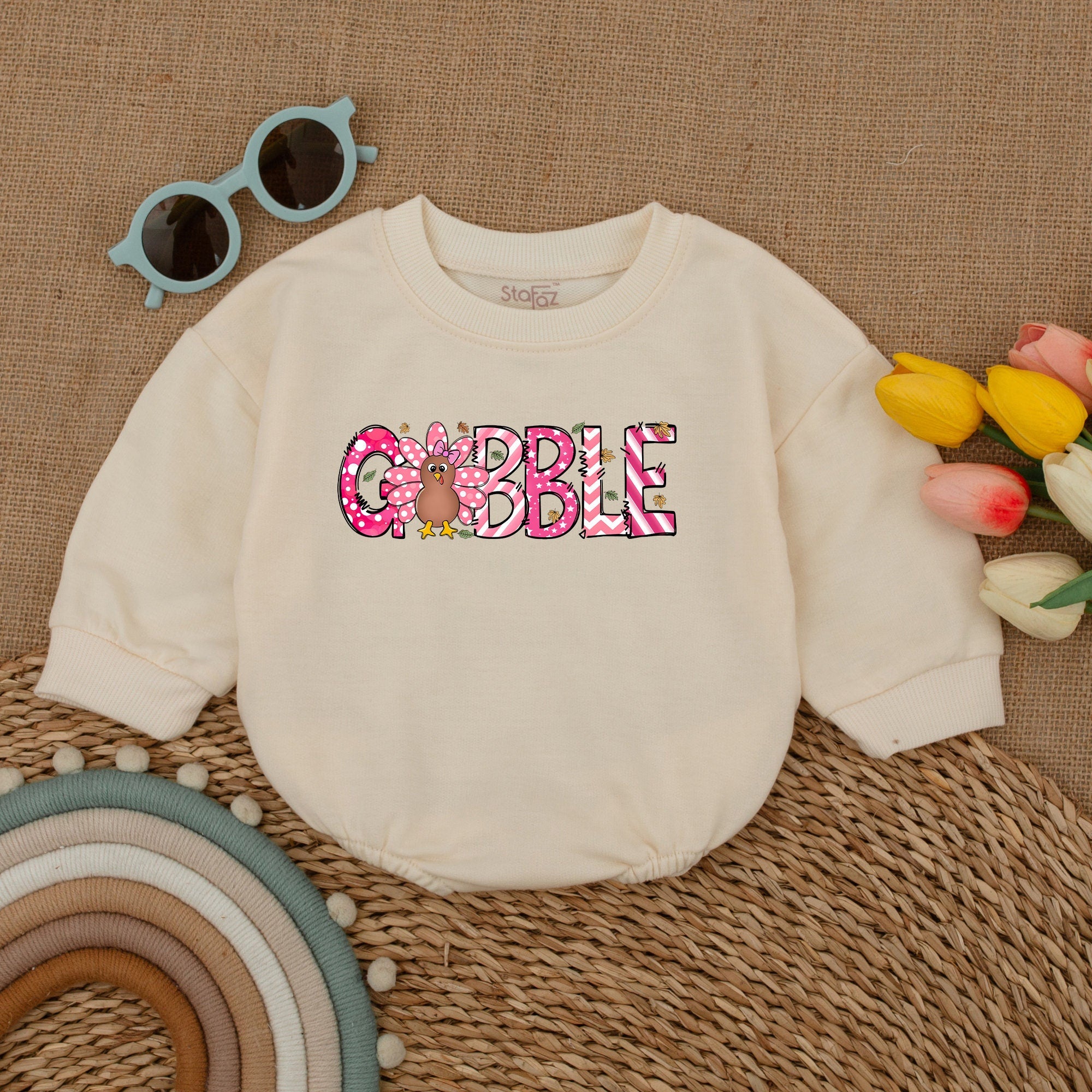 Gobble Pink Polka Dot Romper with Cute Turkey for Baby Thanksgiving Outfit Fall Infant Wear Retro Style Autumn Baby Shower Gift
