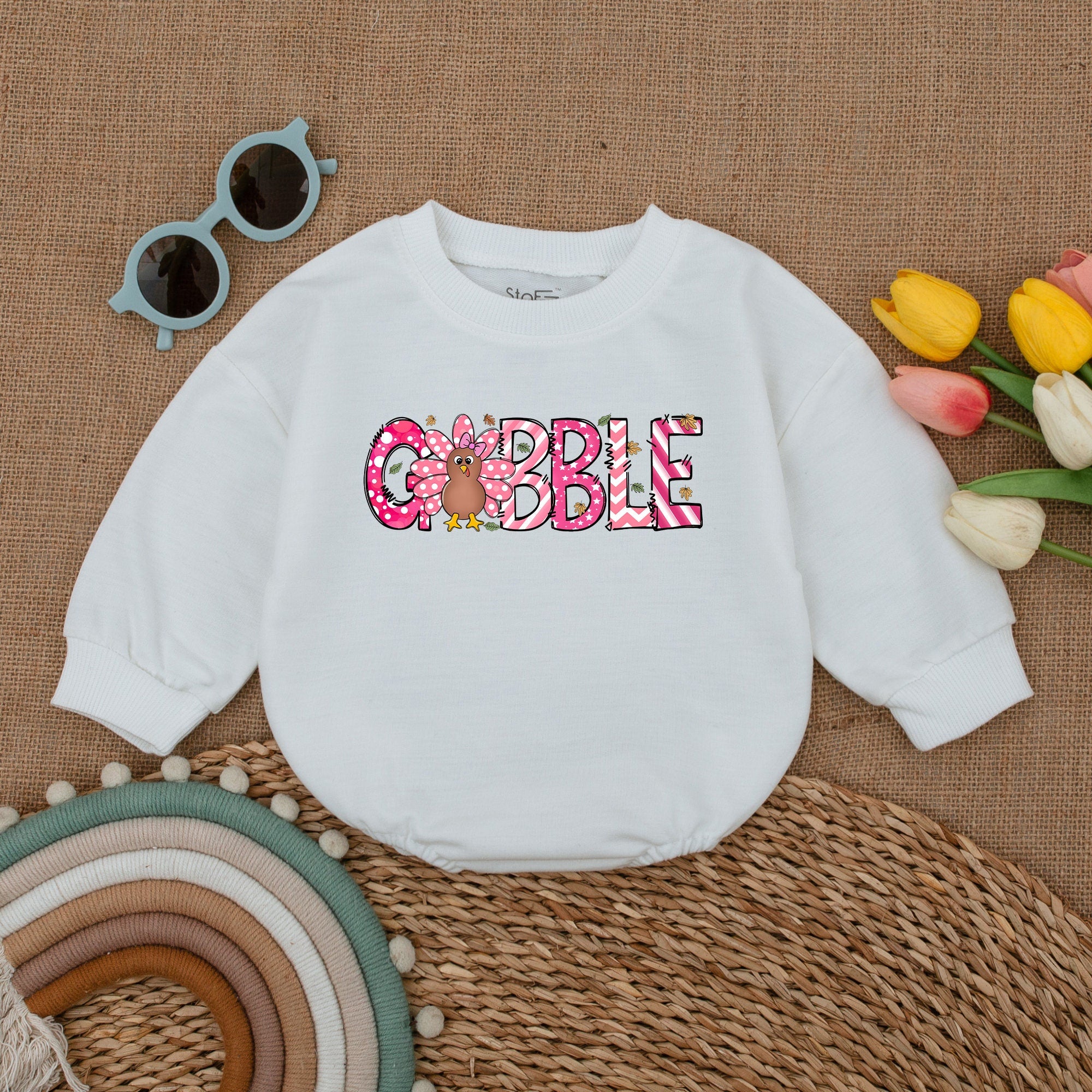 Gobble Pink Polka Dot Romper with Cute Turkey for Baby Thanksgiving Outfit Fall Infant Wear Retro Style Autumn Baby Shower Gift
