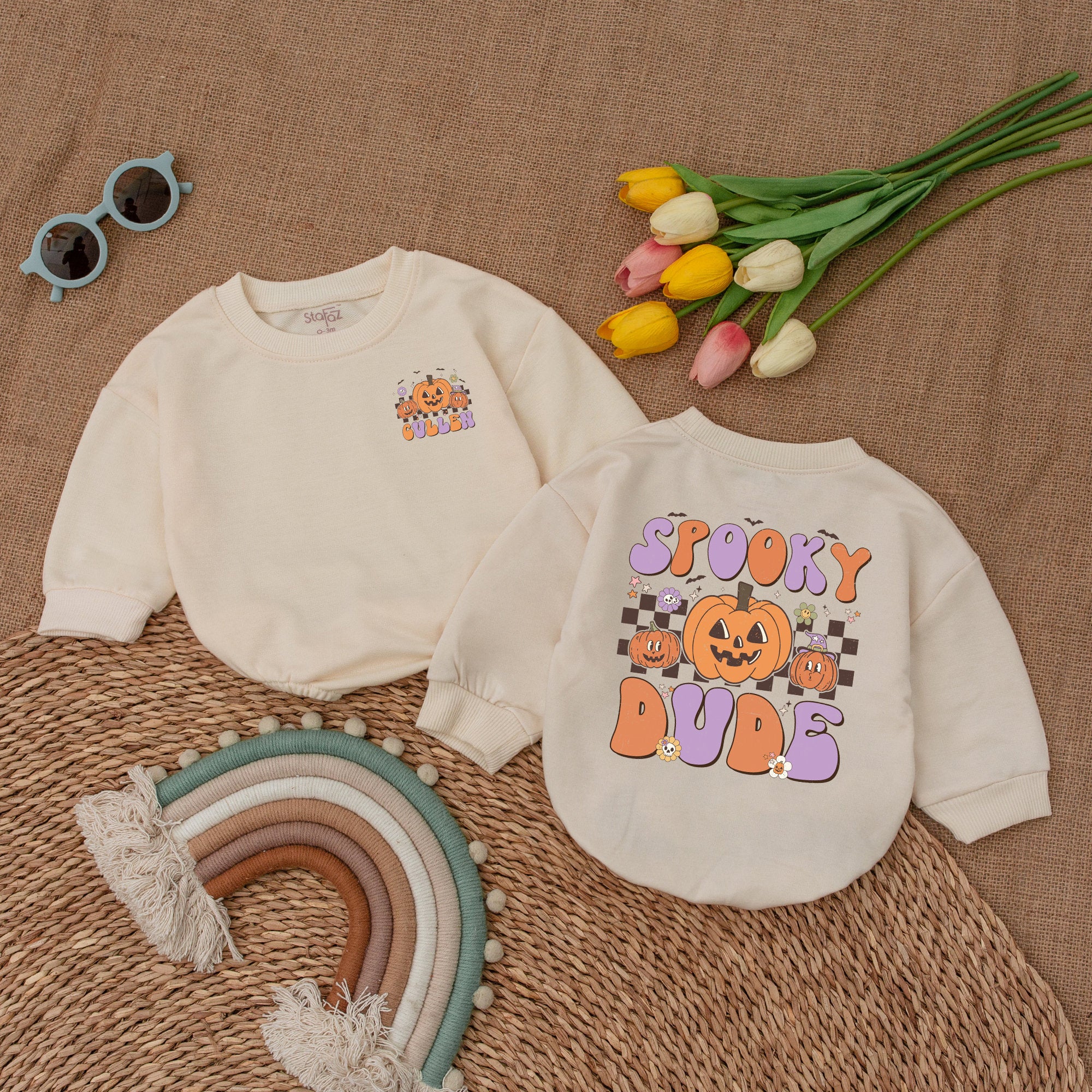 Custom Spooky Dude Baby Romper Retro Halloween Outfit with Smiling Pumpkins Vintage Fall Bodysuit Personalized Gift for Infant Party