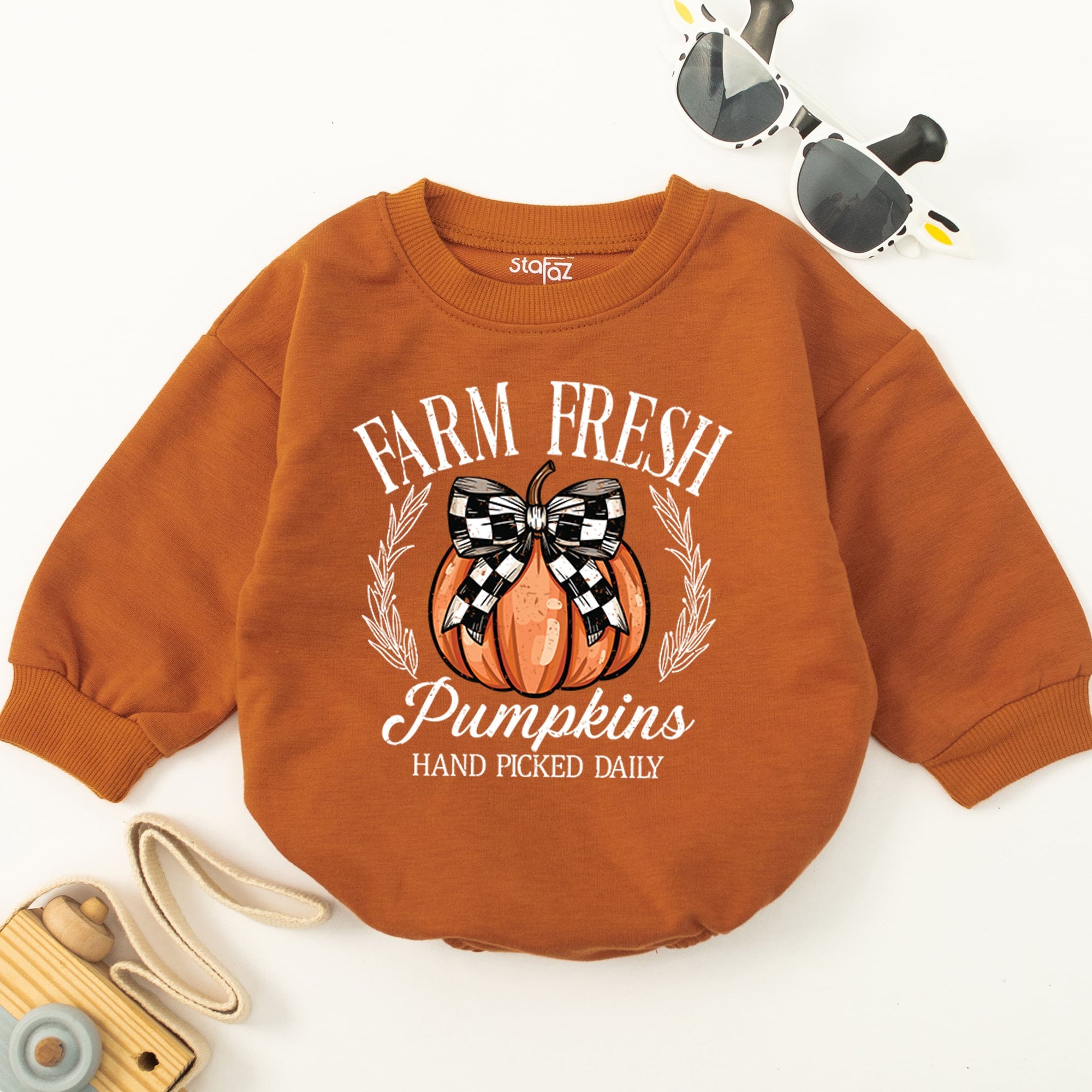 Farm Fresh Pumpkins Baby Romper with Checkered Bow Fall Thanksgiving Outfit Soft Cotton Infant Clothes