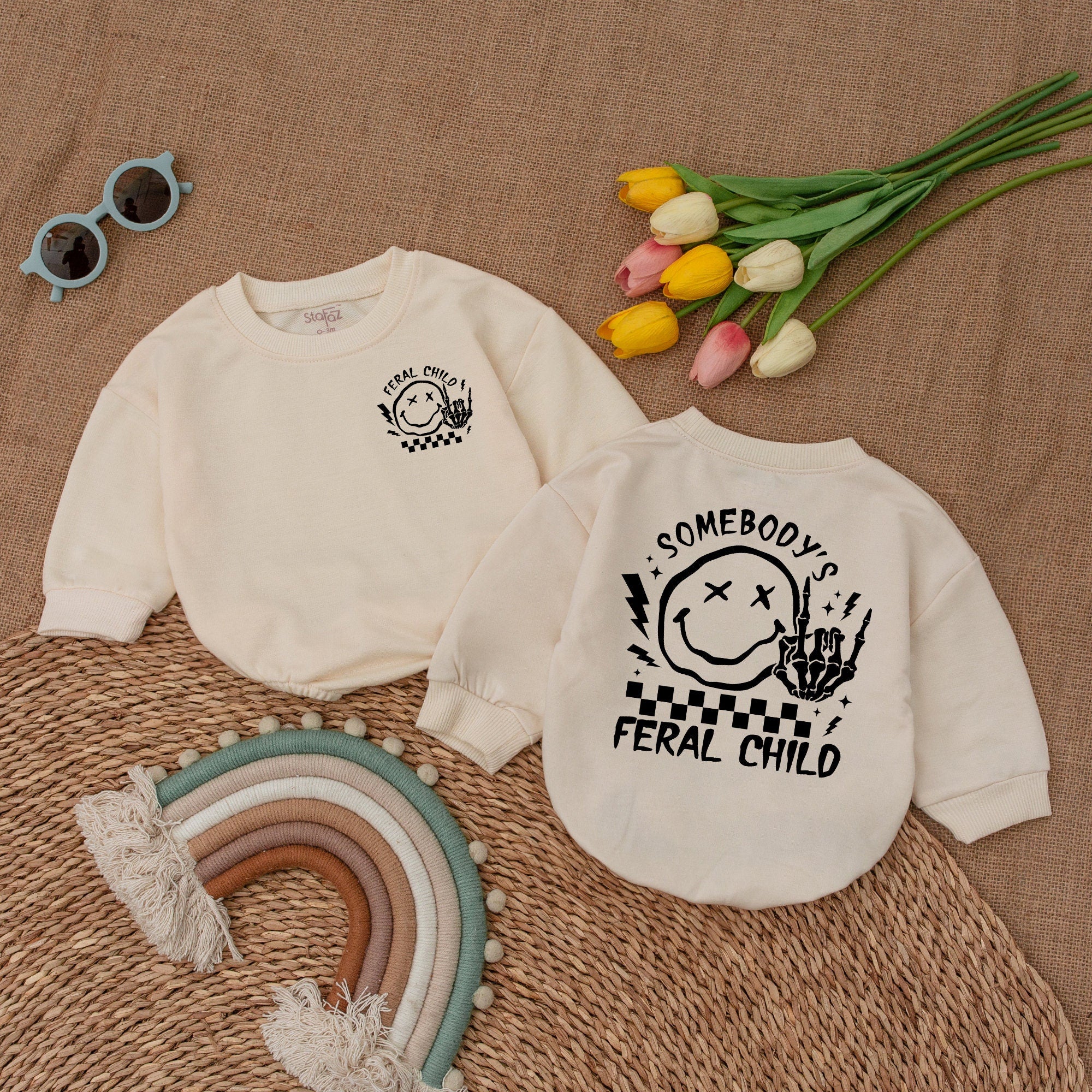 Somebody's Feral Child Romper Funny Unisex Baby Bodysuit Cute Cotton Outfit with Smiley Face and Checkerboard Kids Birthday Holiday Gift